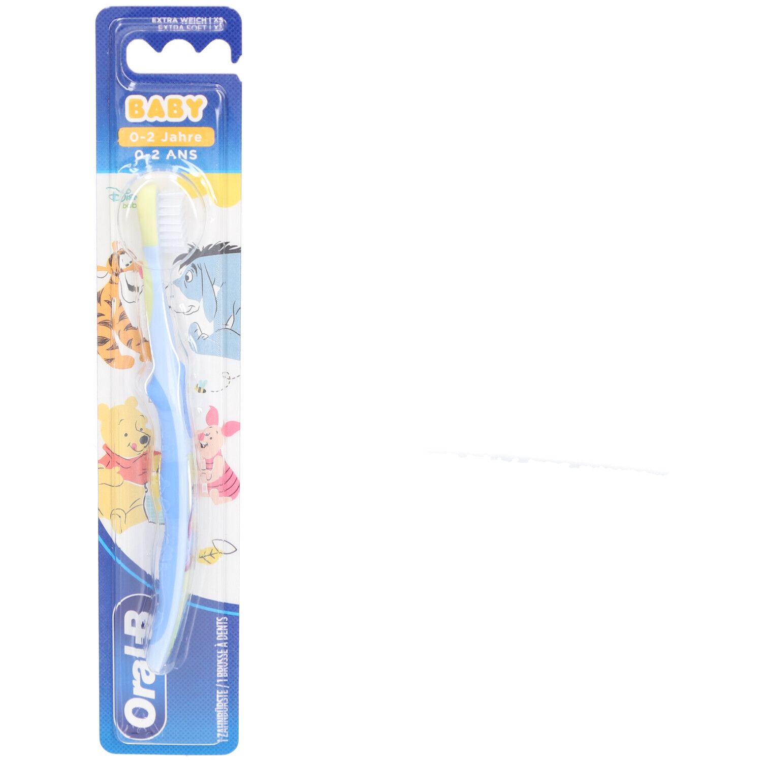 Zahnbürste für Babys. Blaue Bürste mit gelben Borsten. Verpackung mit Winnie Puuh-Motiven und Produktnamen.