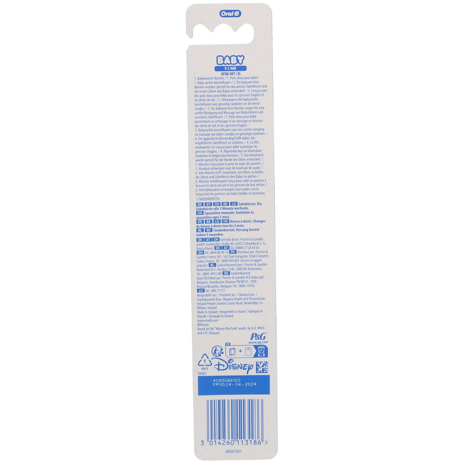 Rückseite der Zahnbürstenverpackung. Text in mehreren Sprachen. Disney-Logo und Barcode.