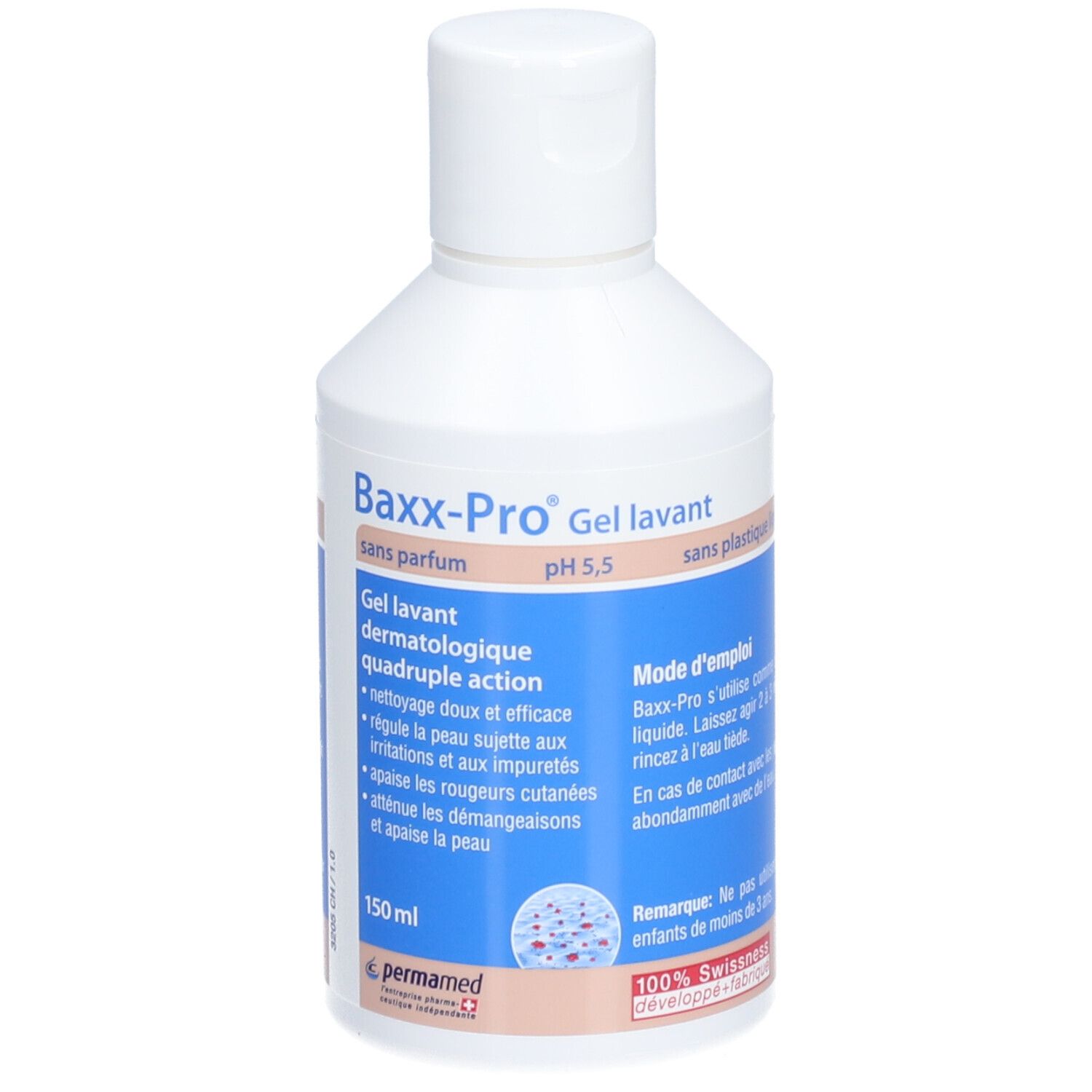 Flacon blanc avec étiquette bleue. Inscription: Baxx-Pro Gel lavant, pH 5,5. 150 ml. Sans parfum. Gel lavant dermatologique.
