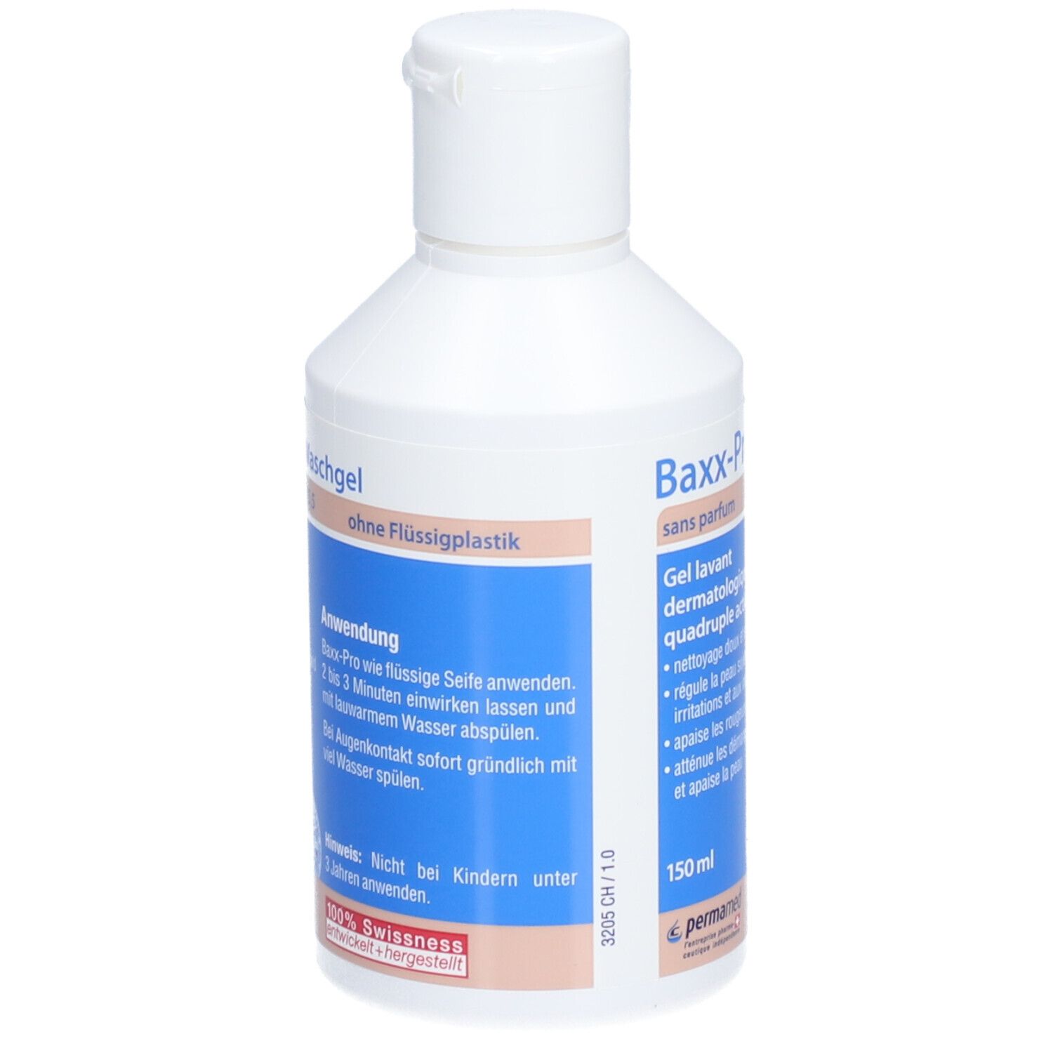 Flacon blanc avec étiquette bleue. Inscription: Baxx-Pro Gel lavant, pH 5,5. 150 ml. Sans plastique liquide. Mode d'emploi.