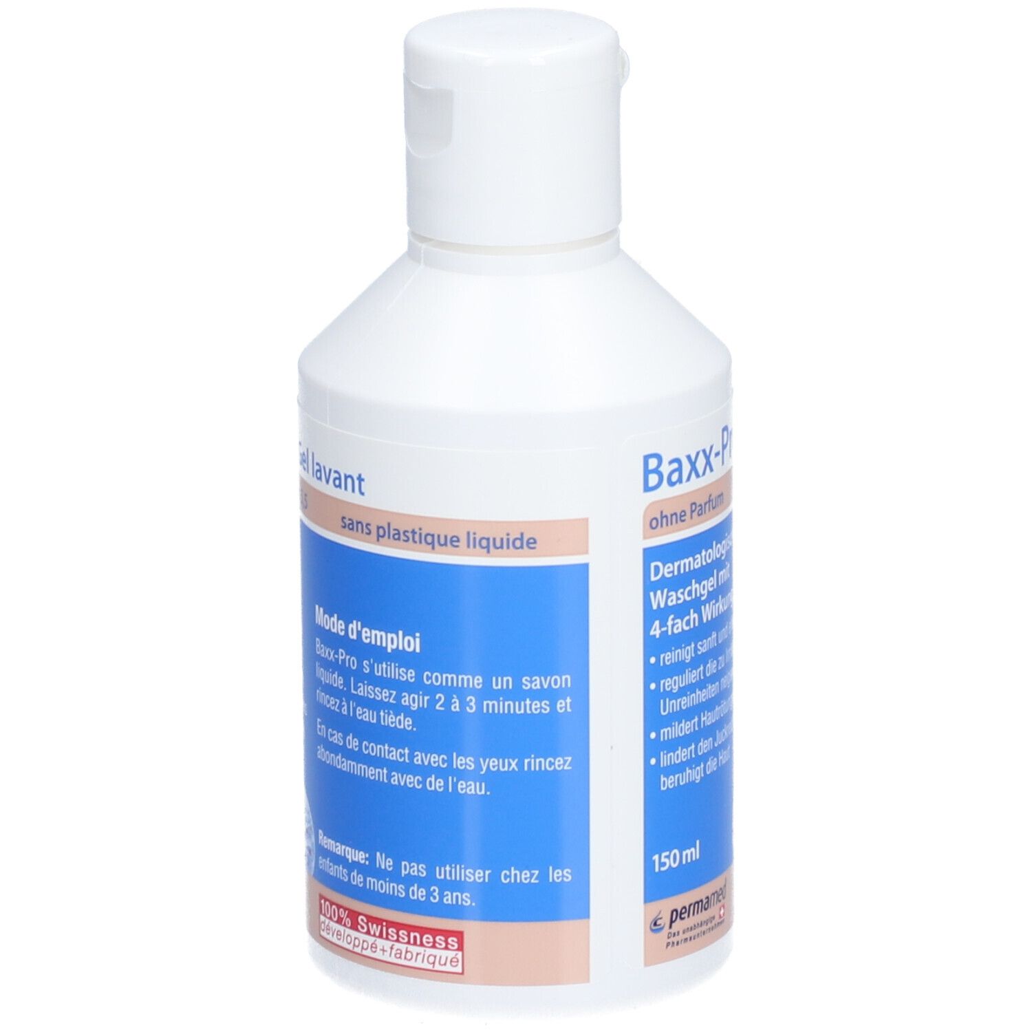Flacon blanc avec étiquette bleue. Inscription: Baxx-Pro Gel lavant, pH 5,5. 150 ml. Sans plastique liquide. Mode d'emploi.
