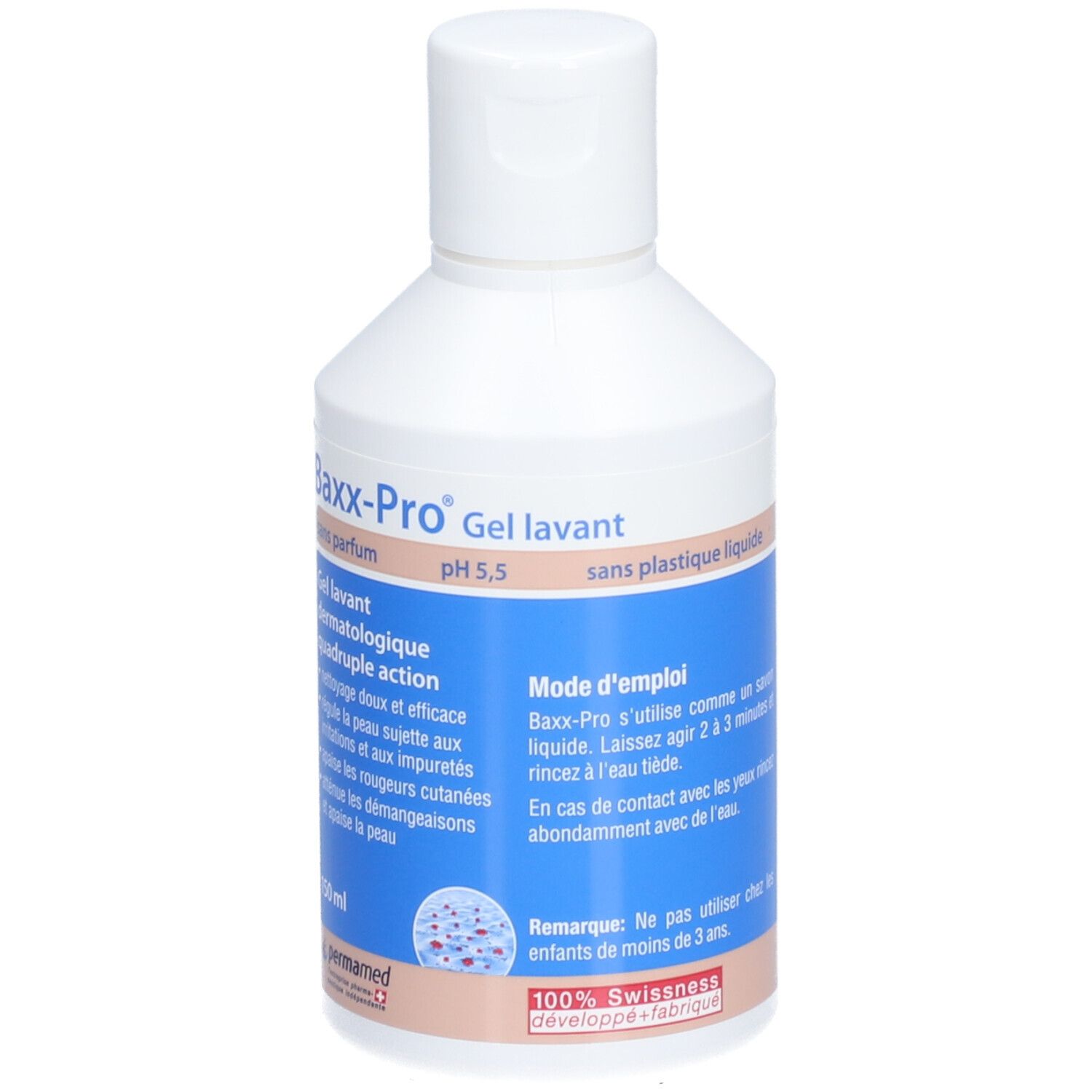 Flacon blanc avec étiquette bleue. Inscription: Baxx-Pro Gel lavant, pH 5,5. 150 ml. Sans parfum. Gel lavant dermatologique.