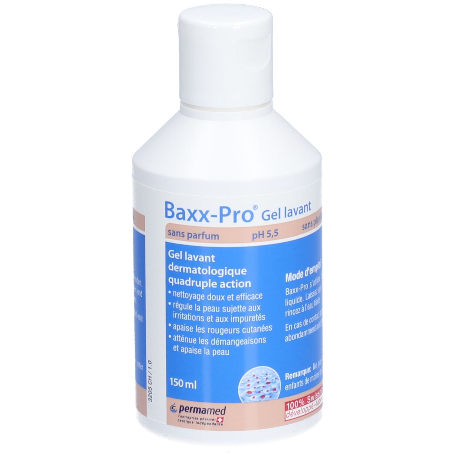 Flacon blanc avec étiquette bleue. Inscription: Baxx-Pro Gel lavant, pH 5,5. 150 ml. Sans parfum. Gel lavant dermatologique.