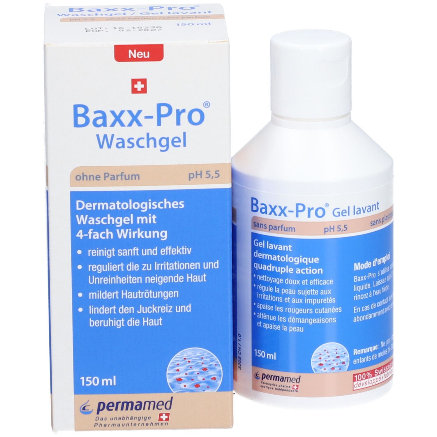 Emballage et flacon. Inscription: Baxx-Pro Waschgel, pH 5,5. 150 ml. Sans parfum. Gel lavant dermatologique avec 4 actions.