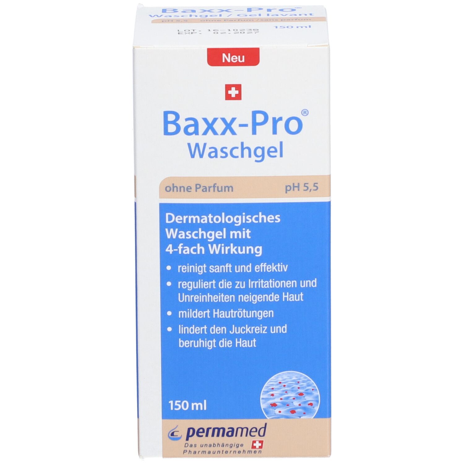 Emballage du produit. Inscription: Baxx-Pro Waschgel, pH 5,5. 150 ml. Sans parfum. Gel lavant dermatologique avec 4 actions.