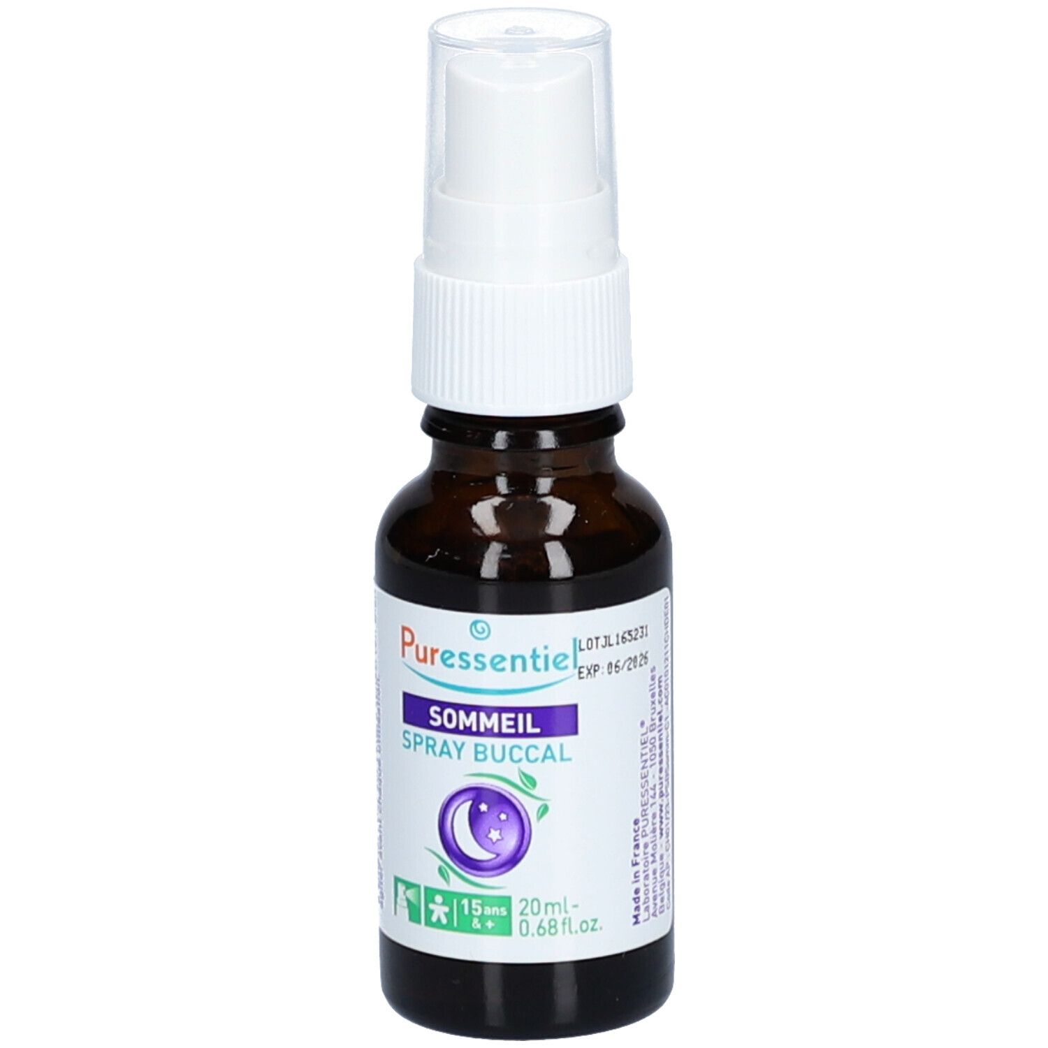 Flacon en verre brun avec vaporisateur blanc. Étiquette avec texte: SOMMEIL SPRAY BUCCAL. Accent violet avec symbole lune.
