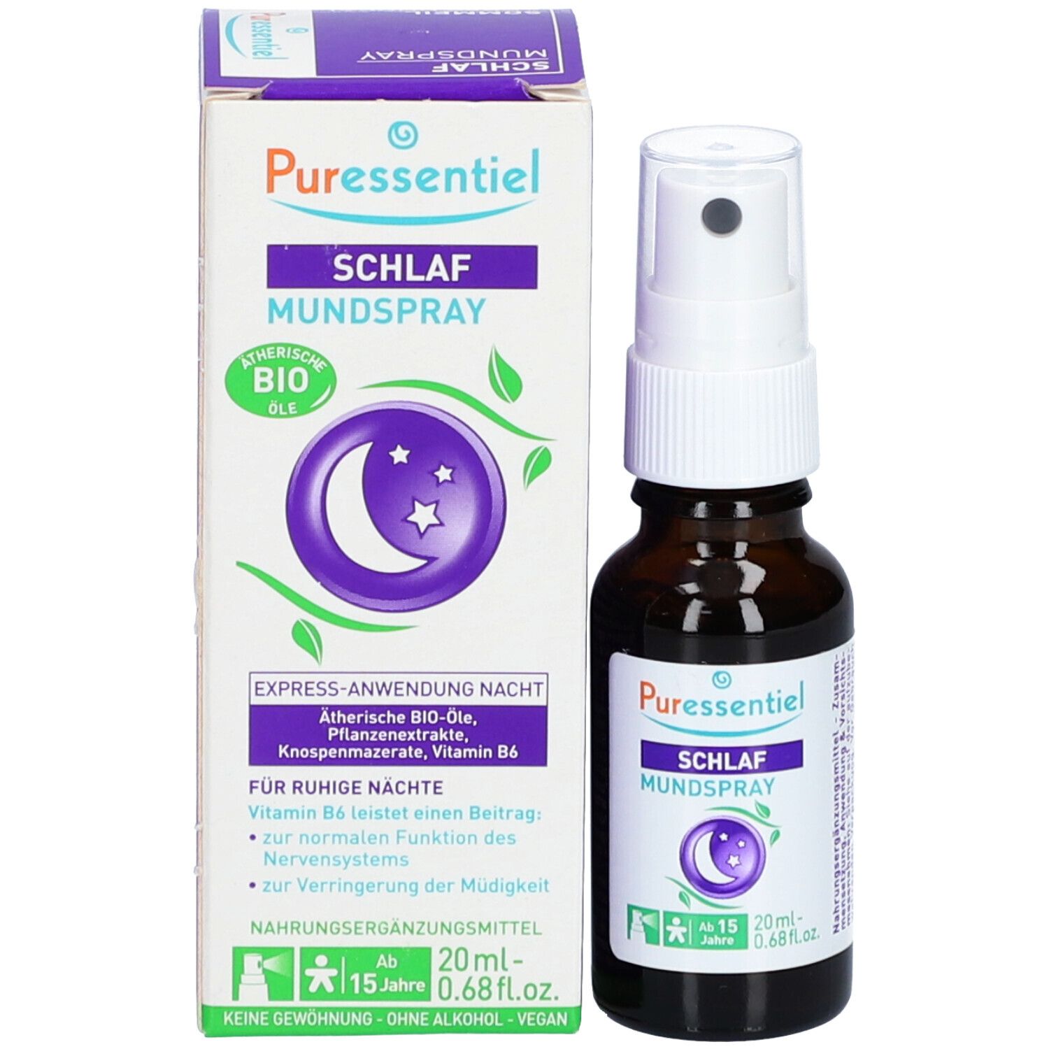 Produit avec emballage et flacon. Emballage: blanc avec accents violets, texte: SCHLAF MUNDSPRAY. Flacon: brun, vaporisateur.