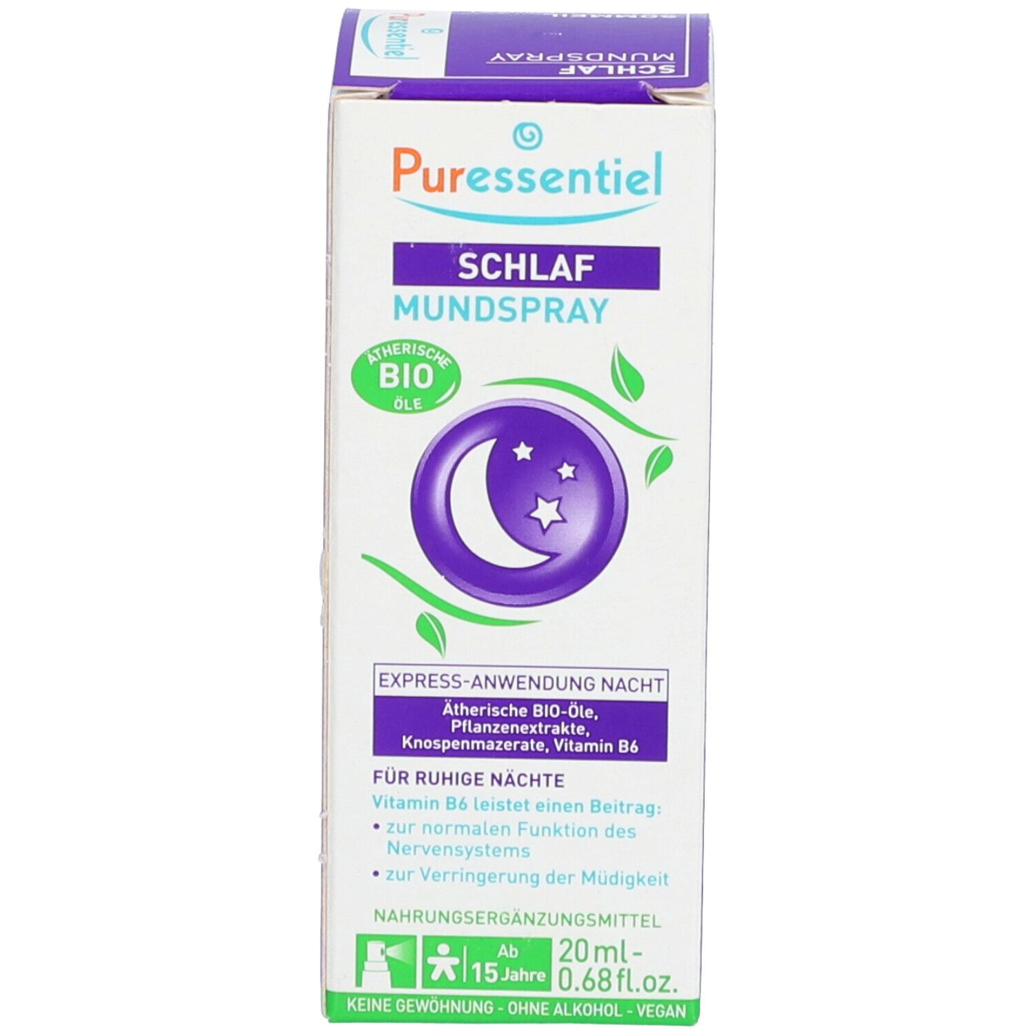 Emballage blanc avec accents violets. Texte: SCHLAF MUNDSPRAY. Logo: lune et étoiles. Vert: label bio. Texte: Complément alimentaire.