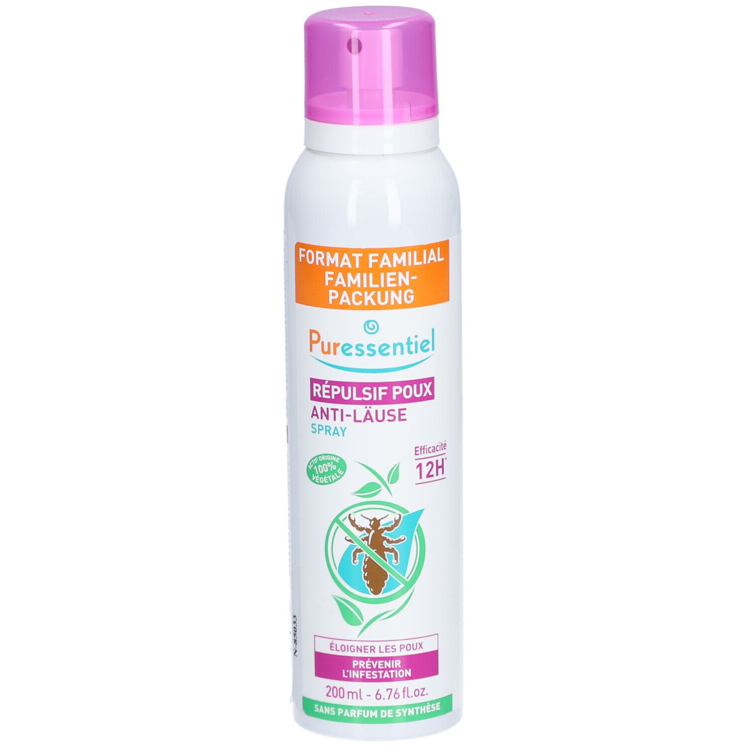 Weißes Spray mit rosa Sprühkopf. Aufschrift: Puressentiel, Répulsif poux Anti-Lause Spray. 12H Wirksamkeit. 200ml.