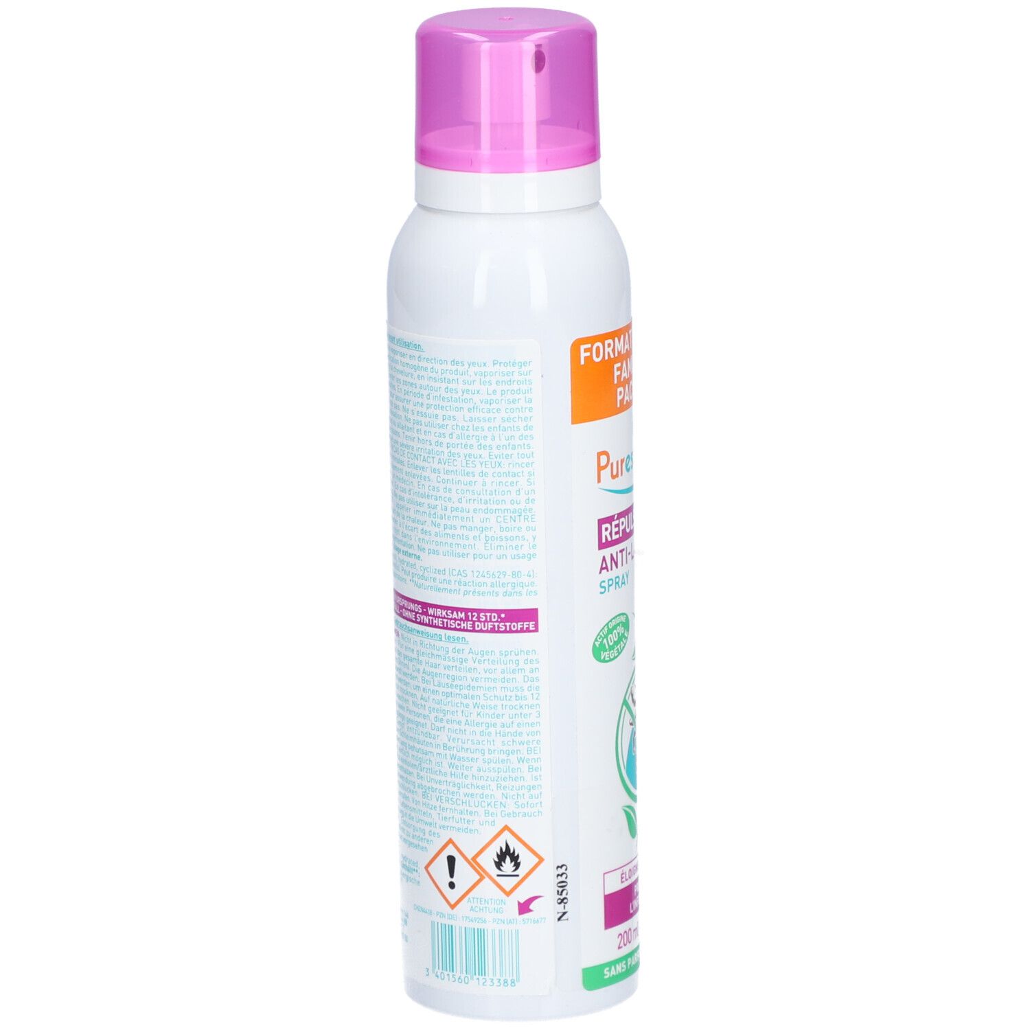 Weißes Spray mit rosa Sprühkopf. Rückseite mit Text. Gefahrensymbole. 200ml.