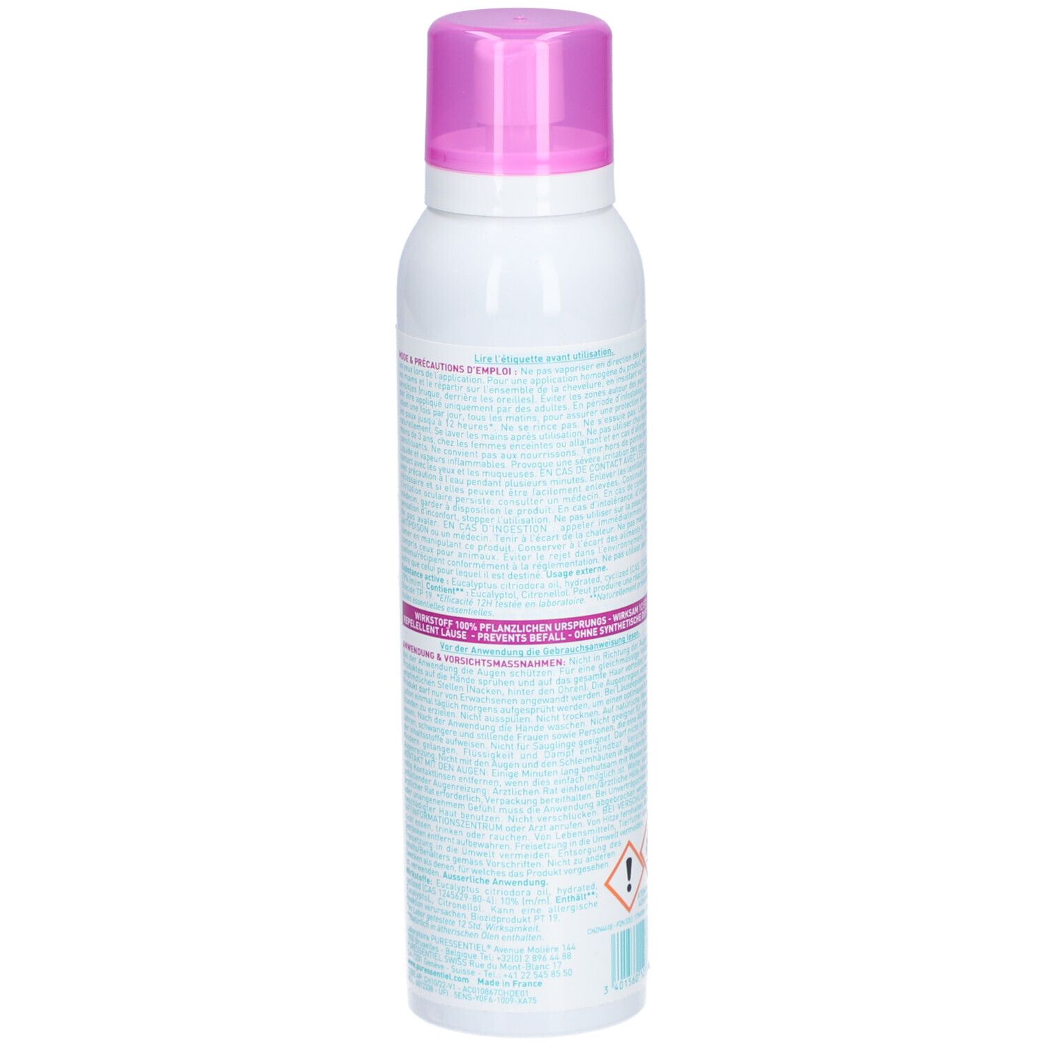 Weißes Spray mit rosa Sprühkopf. Rückseite mit Text. Gefahrensymbole. 200ml.