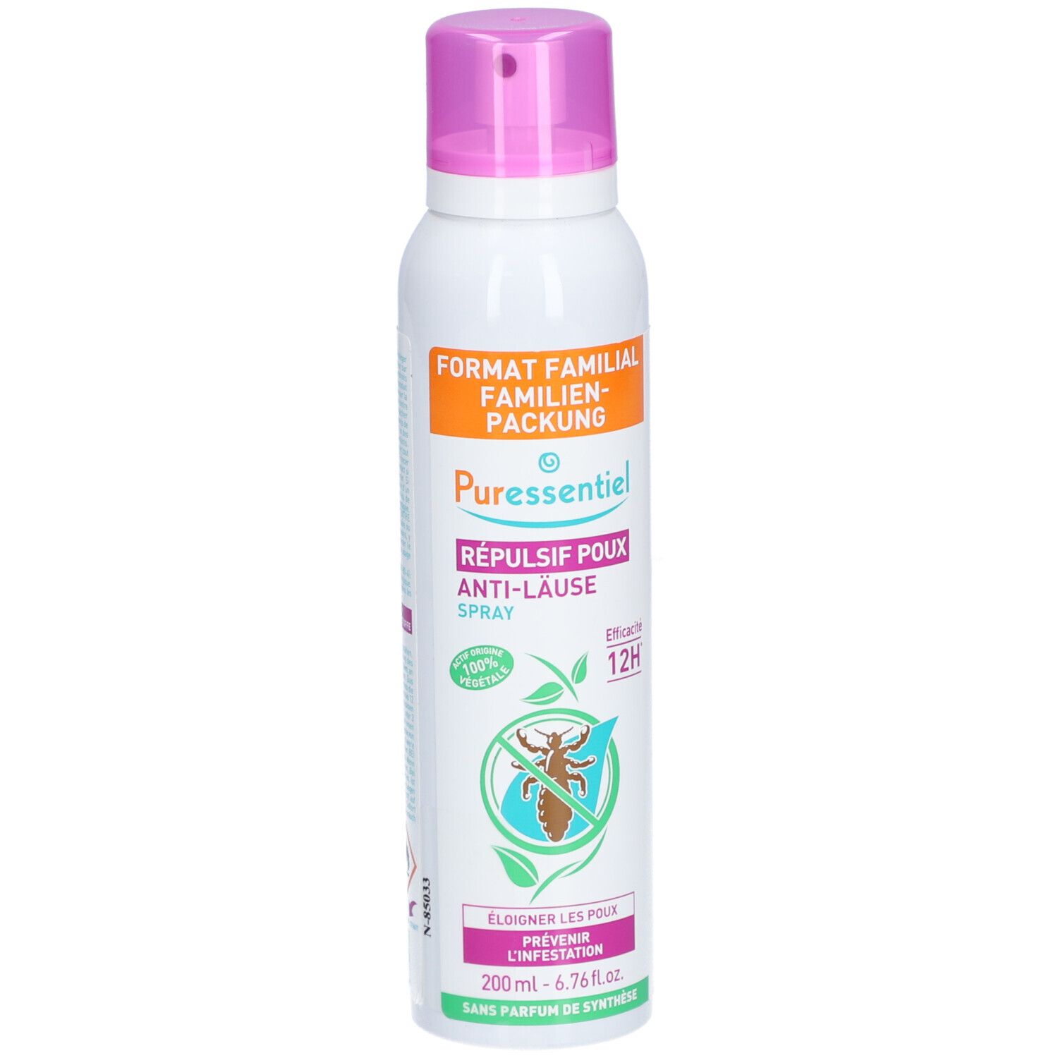 Weißes Spray mit rosa Sprühkopf. Aufschrift: Puressentiel, Répulsif poux Anti-Lause Spray. 12H Wirksamkeit. 200ml.