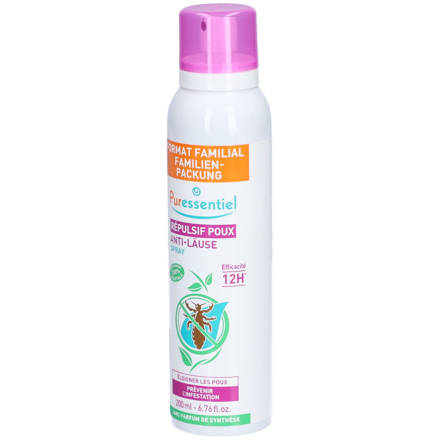 Weißes Spray mit rosa Sprühkopf. Aufschrift: Puressentiel, Répulsif poux Anti-Lause Spray. 12H Wirksamkeit. 200ml.