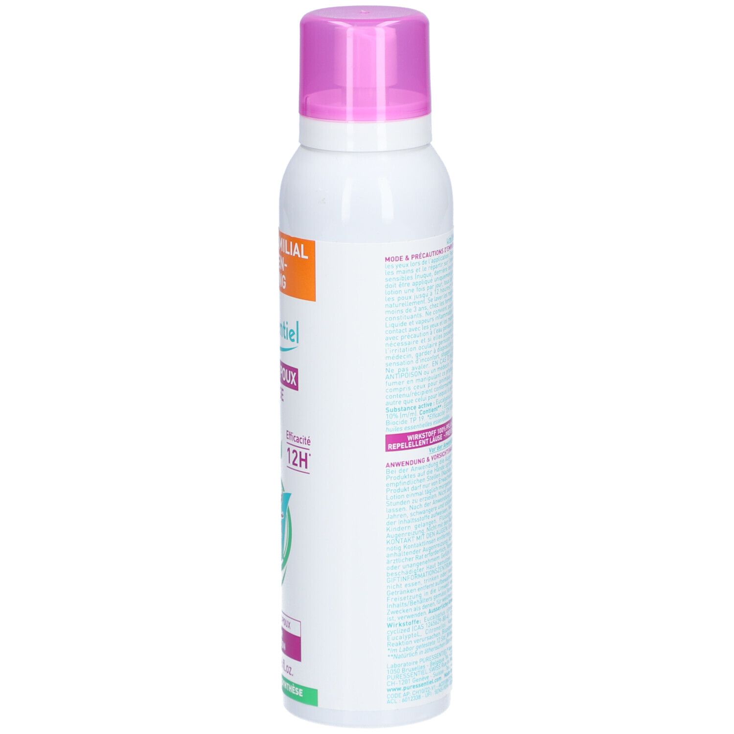 Weißes Spray mit rosa Sprühkopf. Aufschrift: Puressentiel, Répulsif poux Anti-Lause Spray. 12H Wirksamkeit. 200ml.