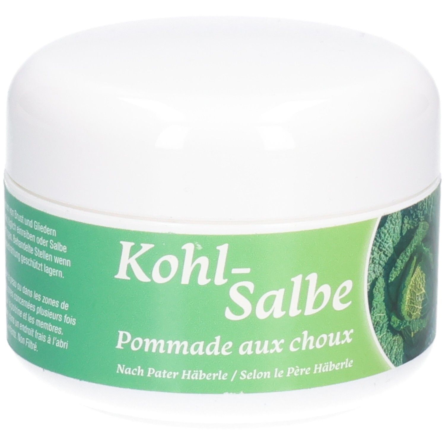 Weißer Tiegel mit grünem Etikett. Aufschrift: Kohl-Salbe, Pommade aux choux. Text auf Deutsch und Französisch.