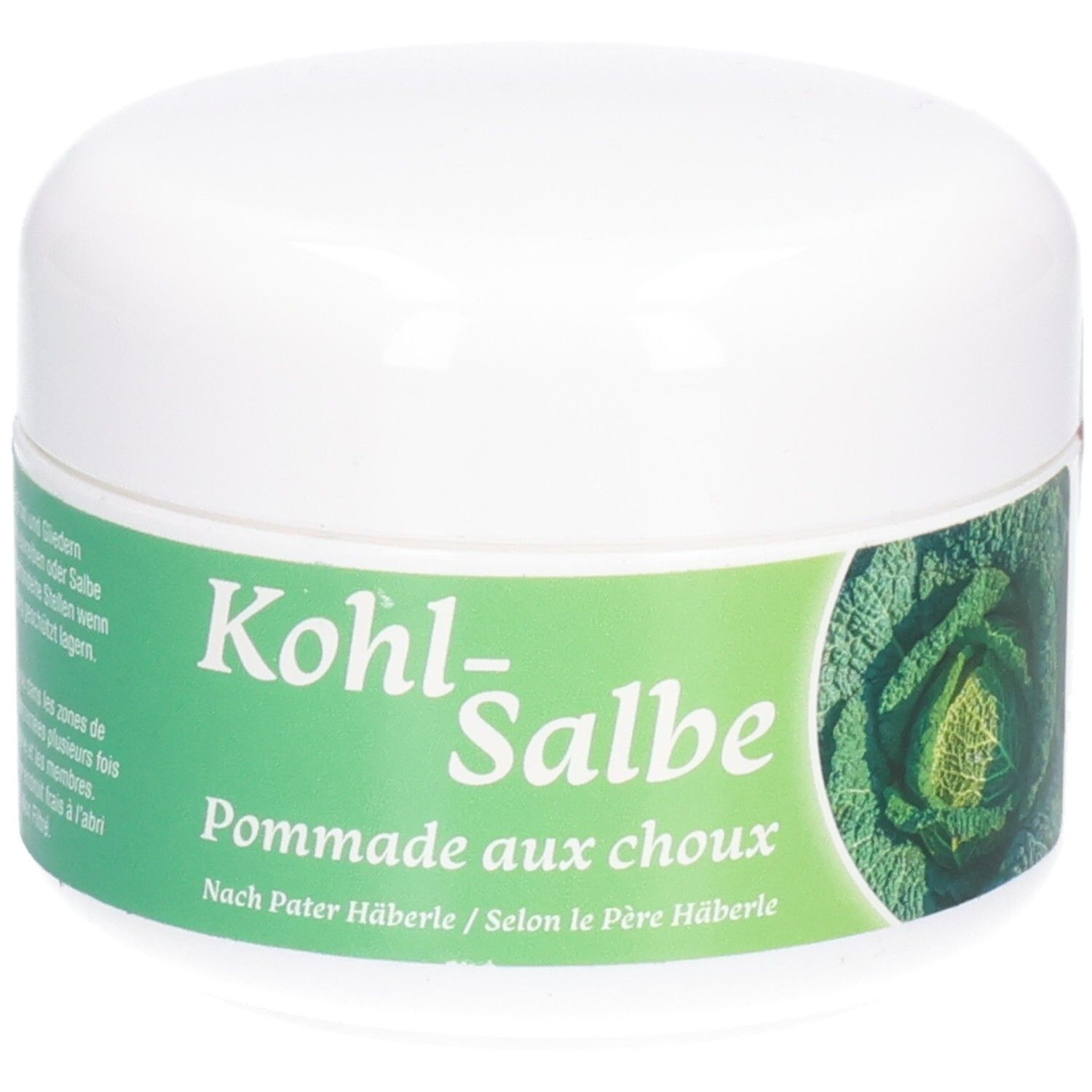 Weißer Tiegel mit grünem Etikett. Aufschrift: Kohl-Salbe, Pommade aux choux. Nach Pater Häberle.