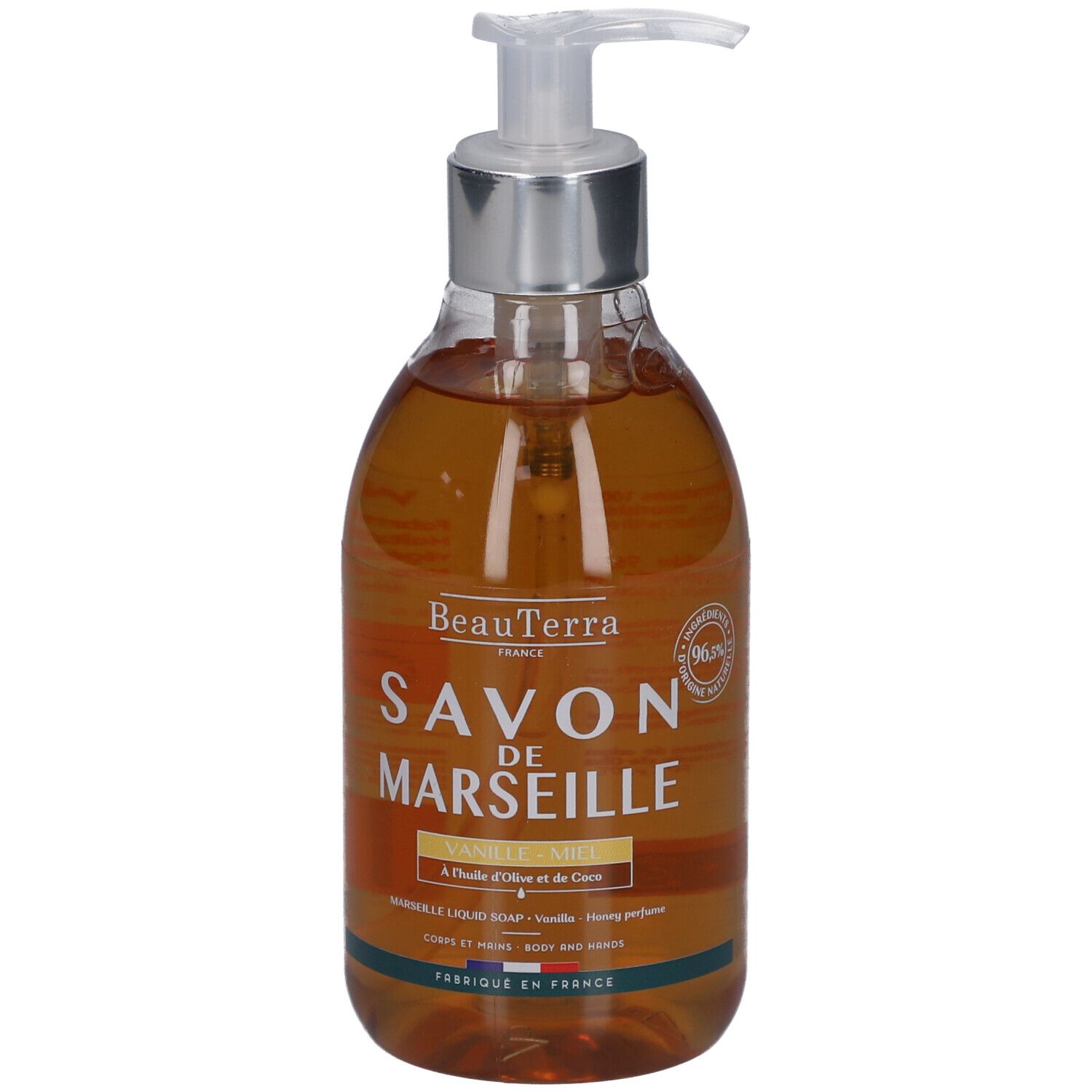 Flüssigseife in einer transparenten Flasche mit Pumpe. Aufschrift: Savon de Marseille, Vanille Honig. Hergestellt in Frankreich.