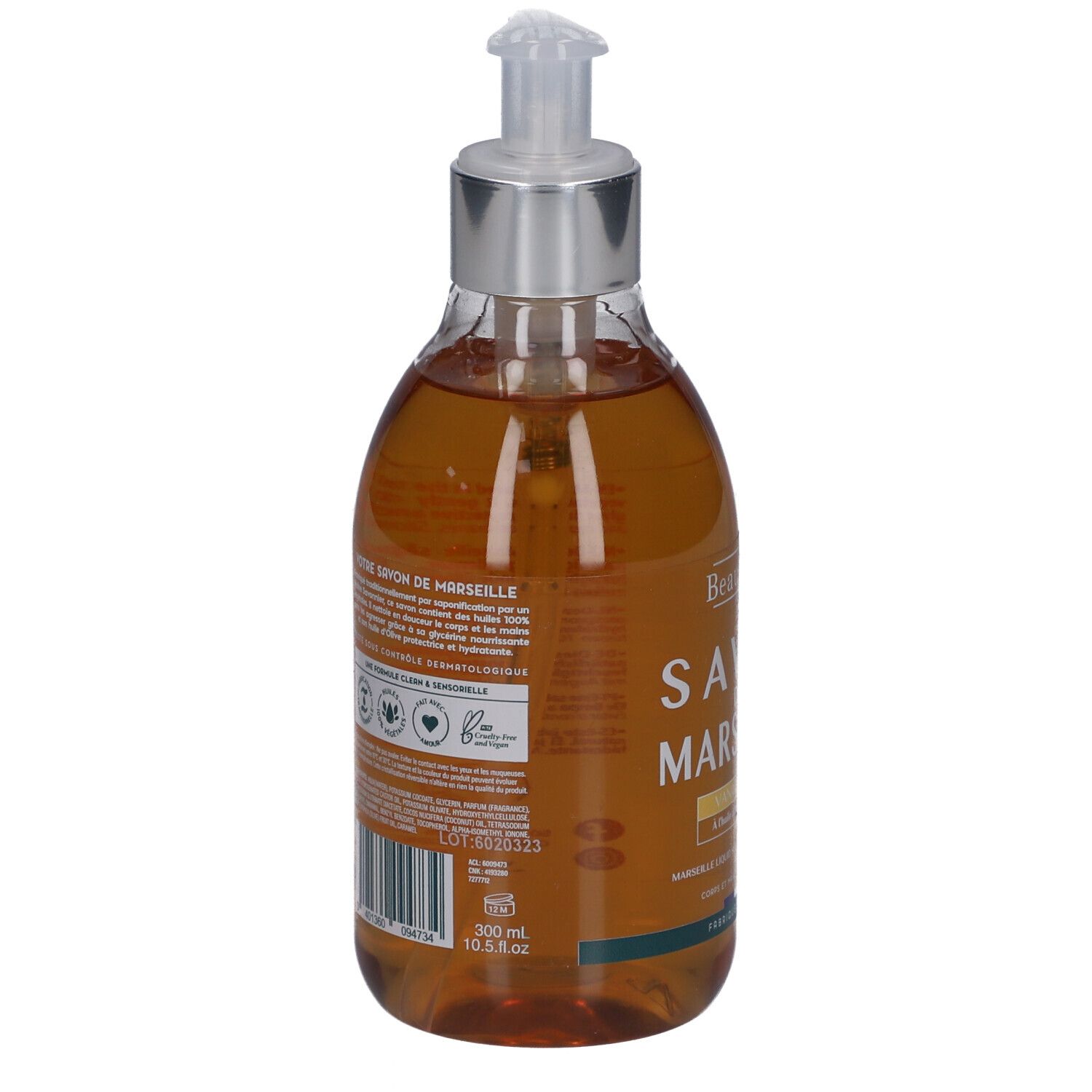 Rückseite der Flüssigseifenflasche. Text in mehreren Sprachen. Barcode und Volumenangabe: 300 ml. Mit Zertifizierungen.