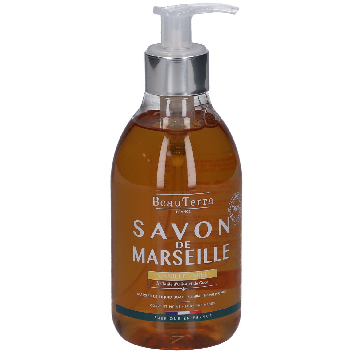 Flüssigseife in einer transparenten Flasche mit Pumpe. Aufschrift: Savon de Marseille, Vanille Honig. Hergestellt in Frankreich.