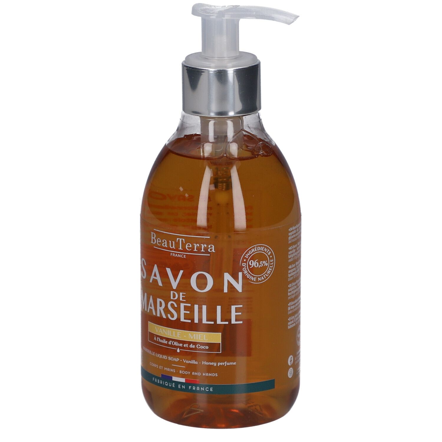 Flüssigseife in einer transparenten Flasche mit Pumpe. Aufschrift: Savon de Marseille, Vanille Honig. Mit Qualitätszeichen.
