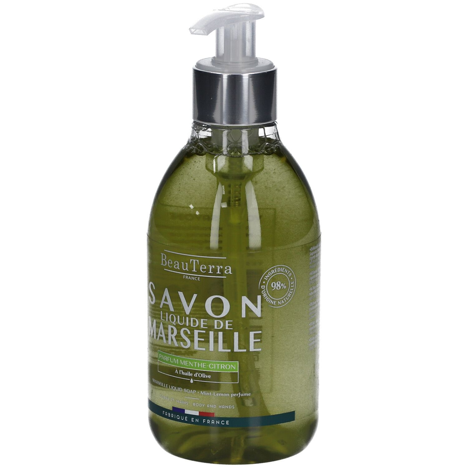 Flüssigseife mit Spender. Transparentes, grünes Produkt. Aufschrift: Savon liquide de Marseille, Parfum Menthe-Citron. Hergestellt in Frankreich.