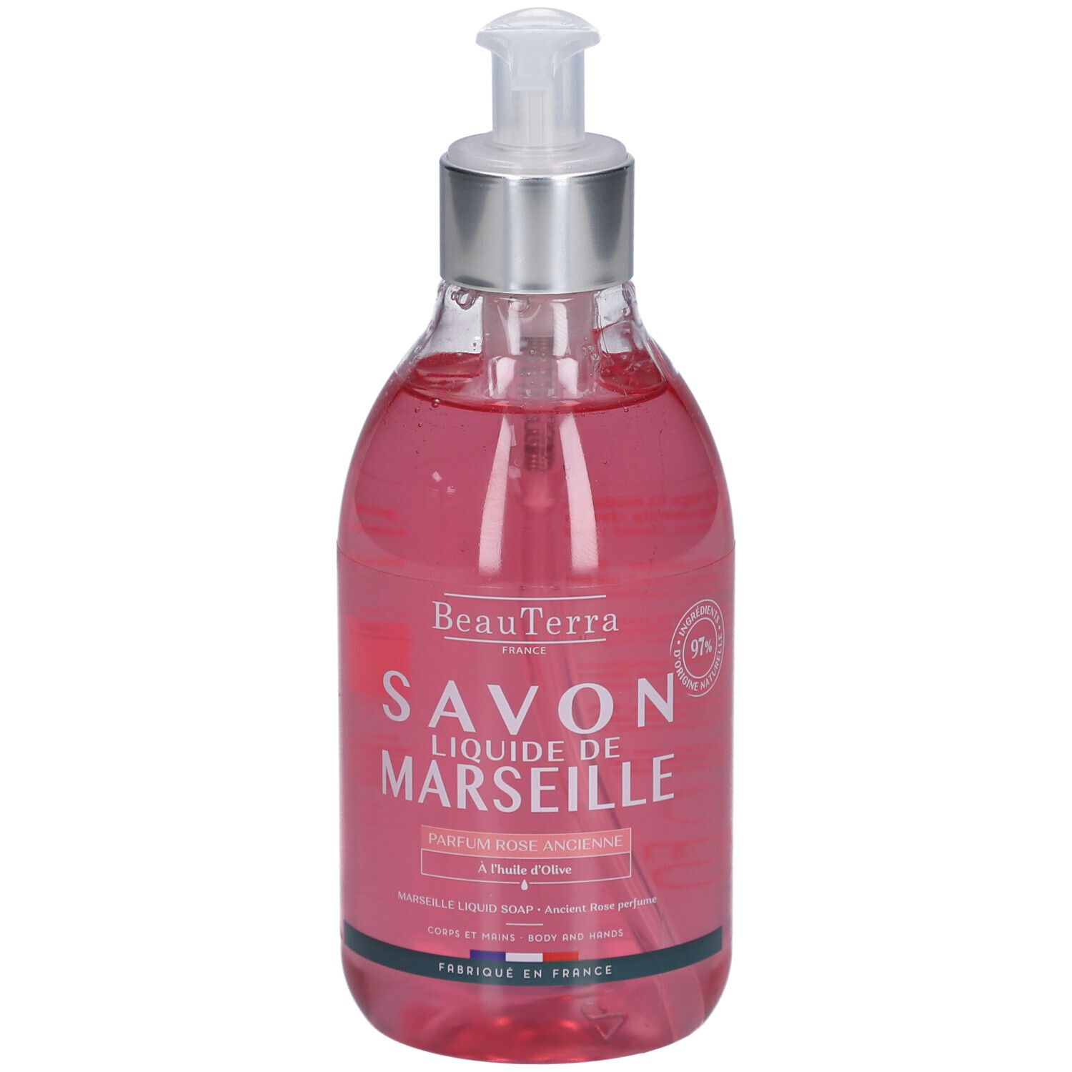 Transparente Flasche mit rosa Flüssigseife. Aufschrift: Savon Liquide de Marseille. Mit Dosierpumpe.