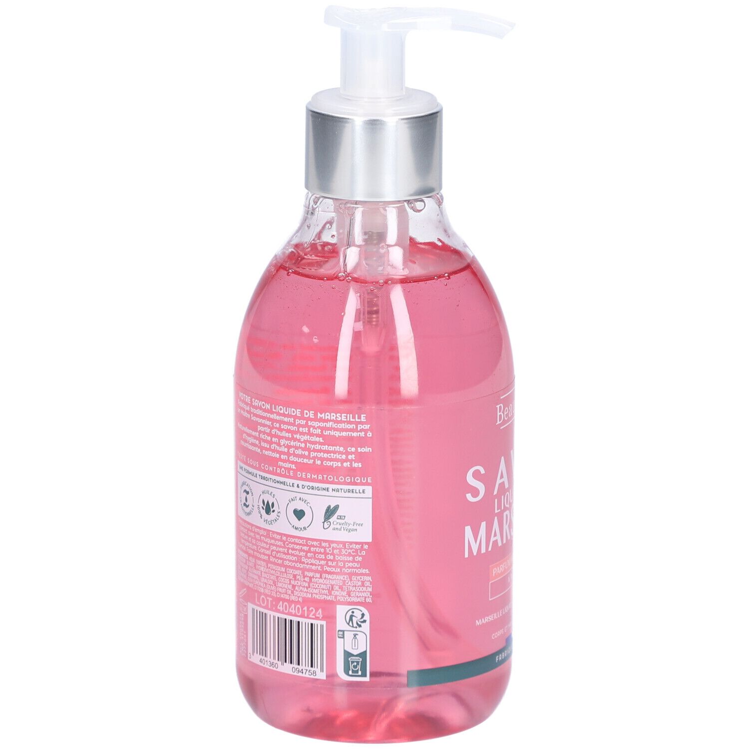 Rückseite der Flasche mit rosa Flüssigseife. Text und Logos. Mit Dosierpumpe.