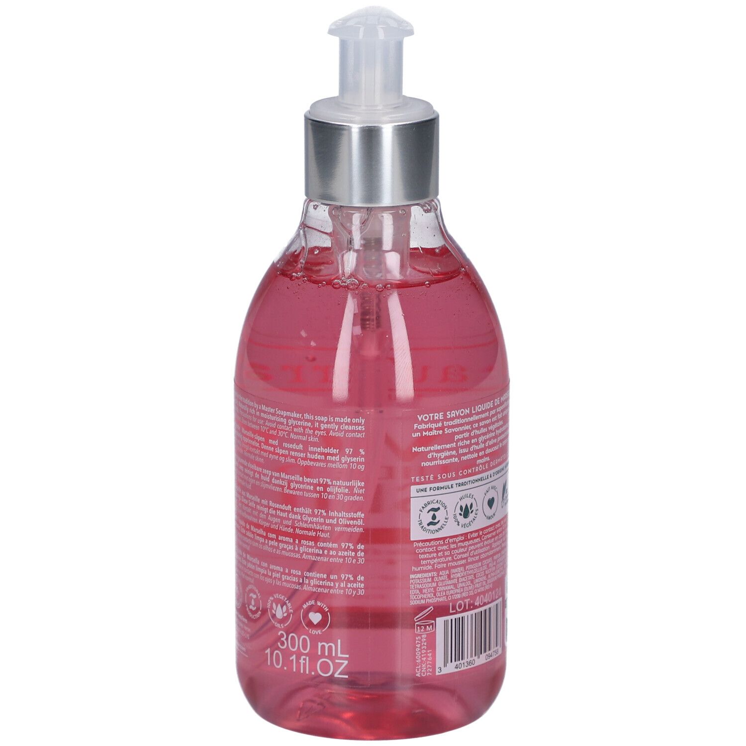 Rückseite der Flasche mit rosa Flüssigseife. Text und Logos. 300 ml. Mit Dosierpumpe.