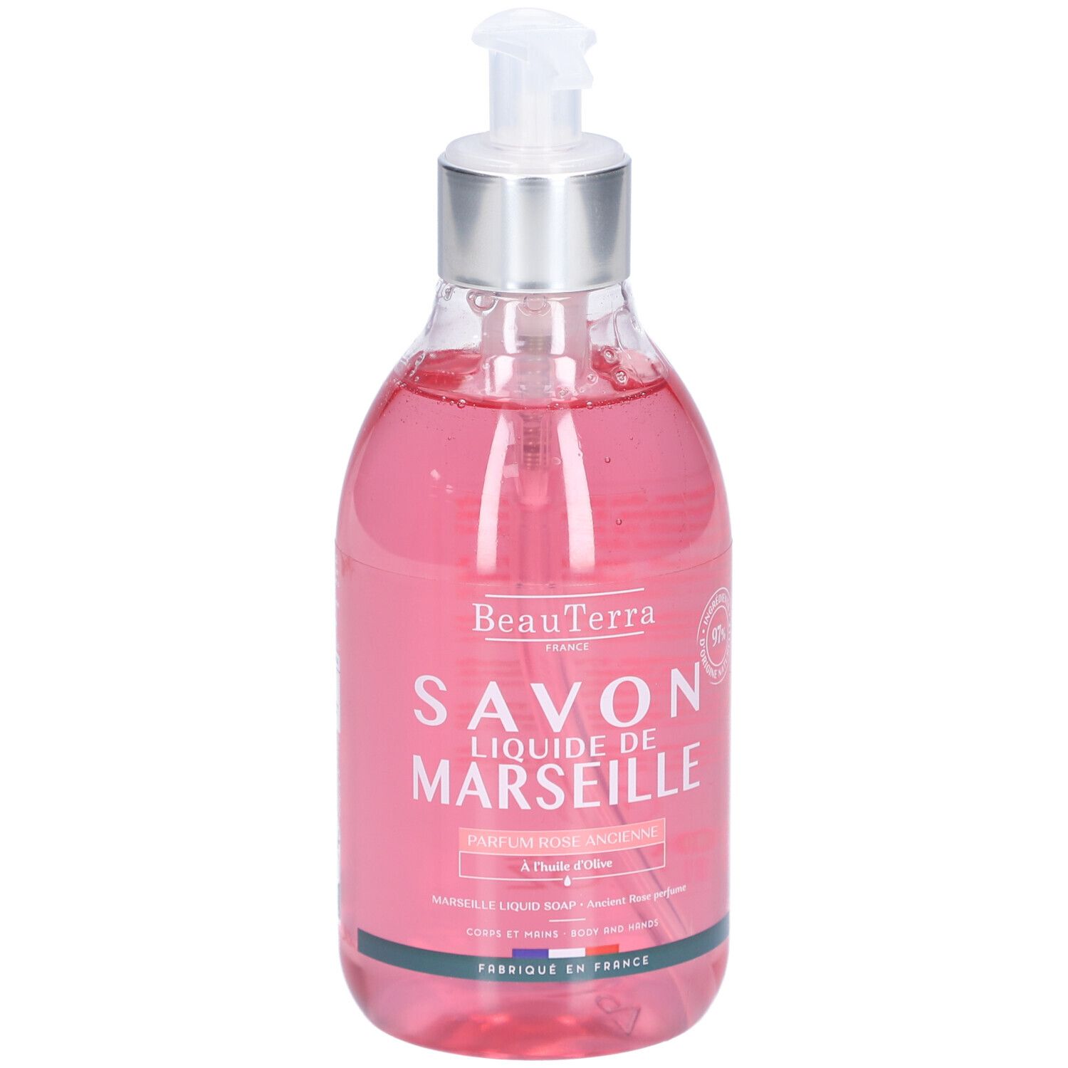 Transparente Flasche mit rosa Flüssigseife. Aufschrift: Savon Liquide de Marseille. Mit Dosierpumpe.