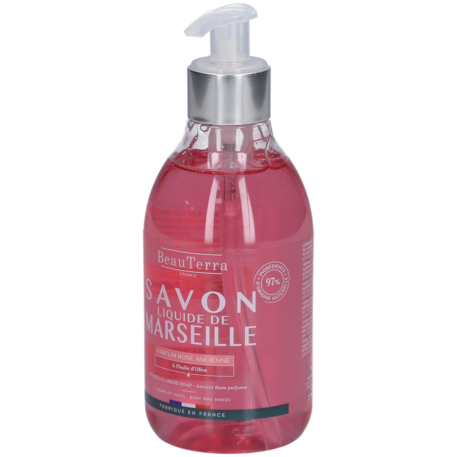 Transparente Flasche mit rosa Flüssigseife. Aufschrift: Savon Liquide de Marseille. Mit Dosierpumpe.