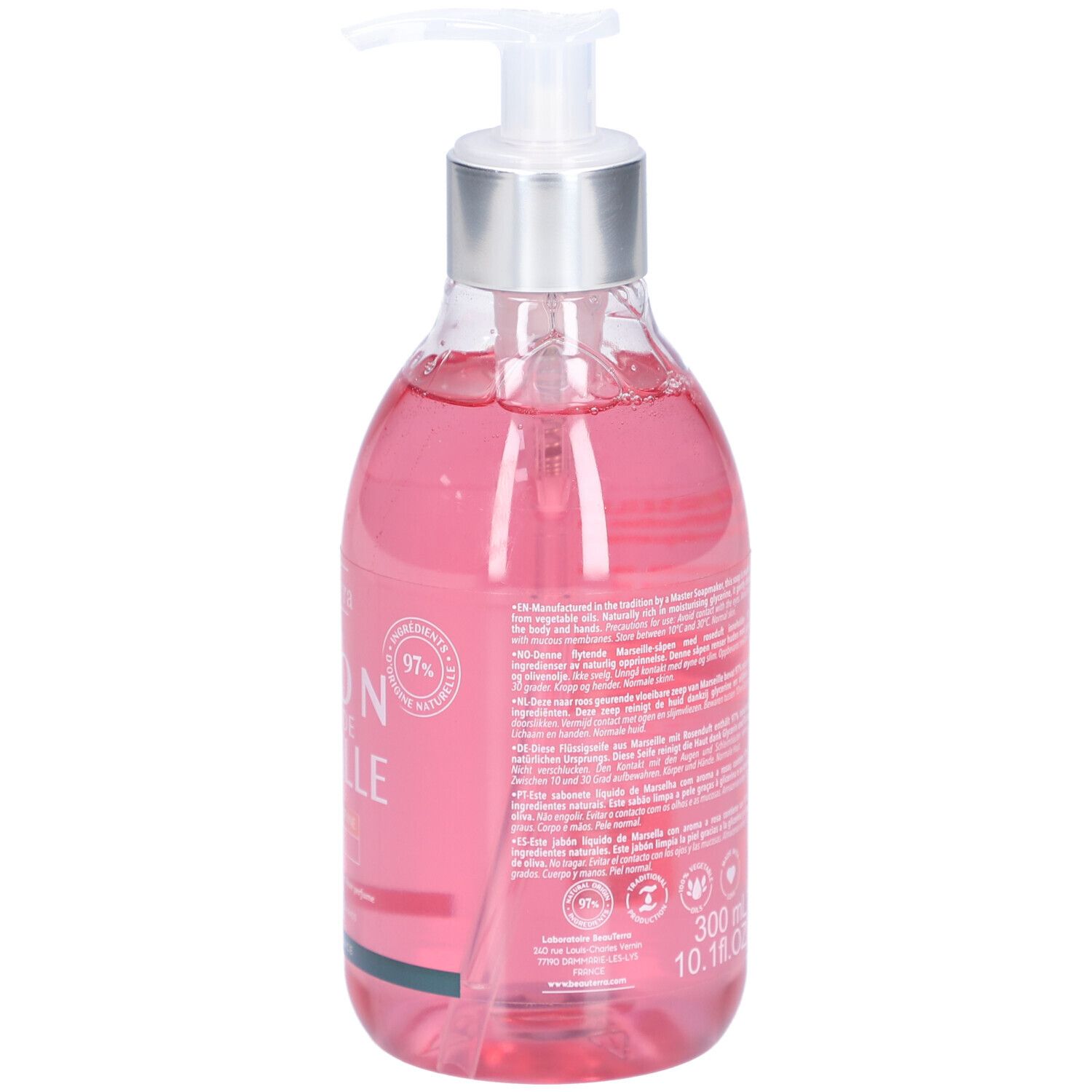 Rückseite der Flasche mit rosa Flüssigseife. Text und Logos. 300 ml. Mit Dosierpumpe.