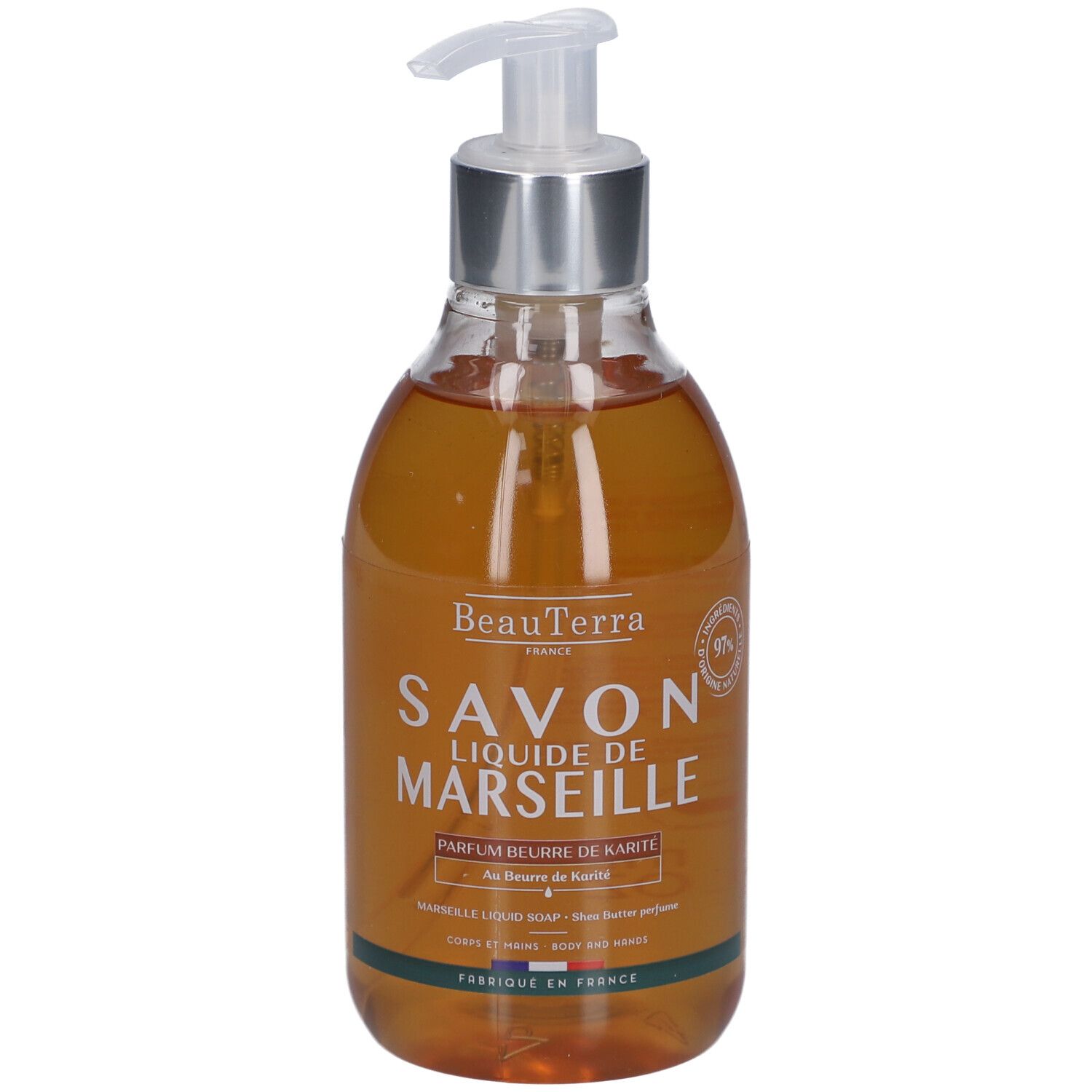 Savon liquide en flacon transparent avec pompe. Inscription: Savon Liquide de Marseille, Parfum Beurre de Karité. Fabriqué en France.