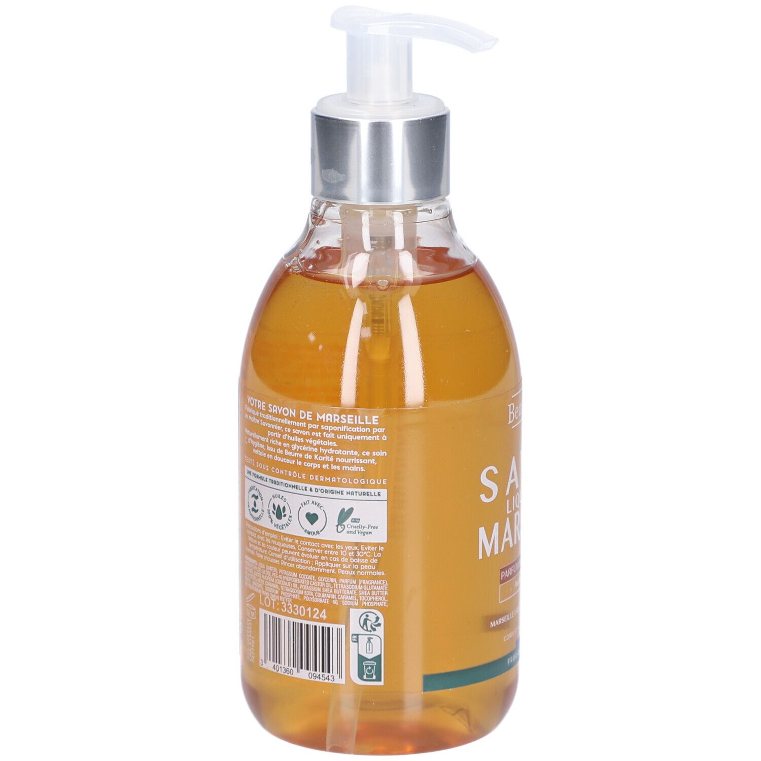 Dos d'un flacon de savon liquide. Texte et logos. Contient des informations sur les ingrédients et les certifications. Code-barres en bas.