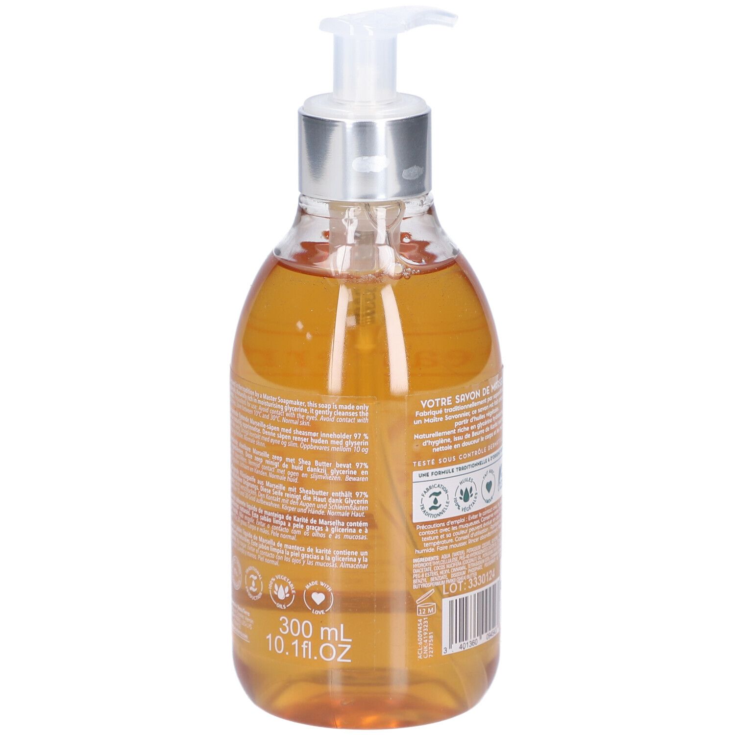 Vue arrière d'un flacon de savon liquide. Texte, logos et indication de volume : 300 ml / 10.1 fl.oz. Certifications et code-barres.