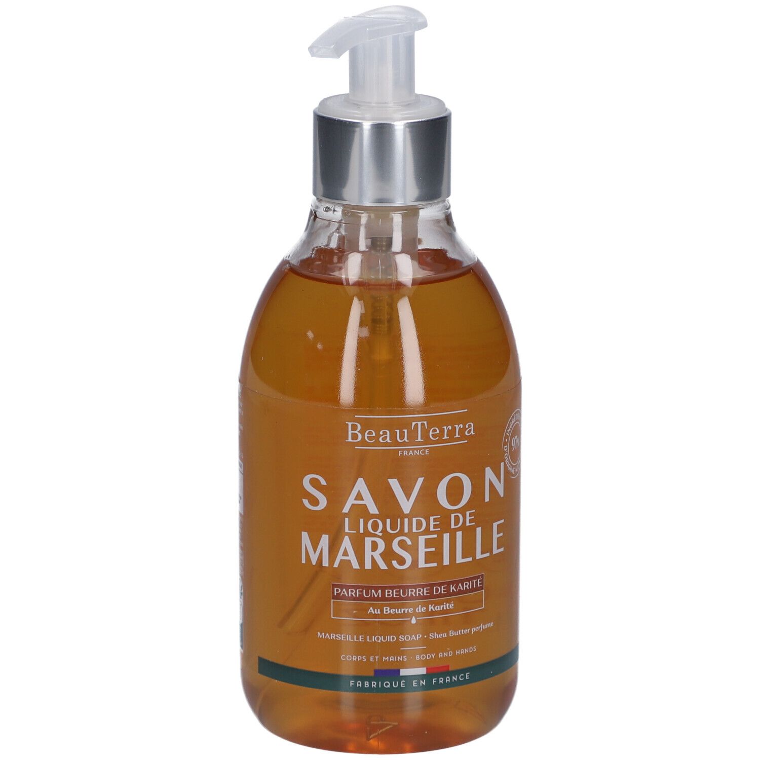 Savon liquide en flacon transparent avec pompe. Inscription: Savon Liquide de Marseille, Parfum Beurre de Karité. Fabriqué en France.