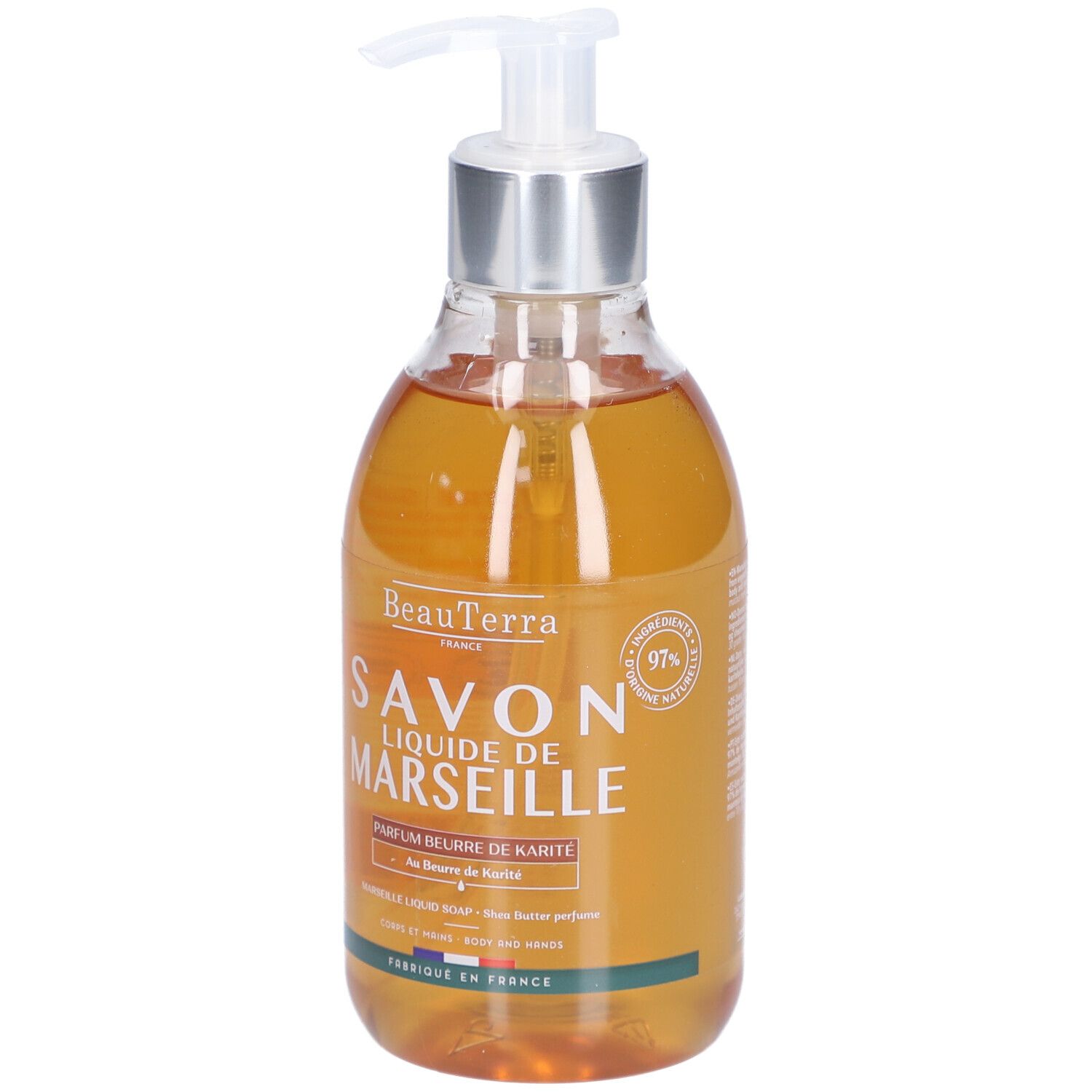 Savon liquide en flacon transparent avec pompe. Inscription: Savon Liquide de Marseille, Parfum Beurre de Karité. 97% d'ingrédients d'origine naturelle.