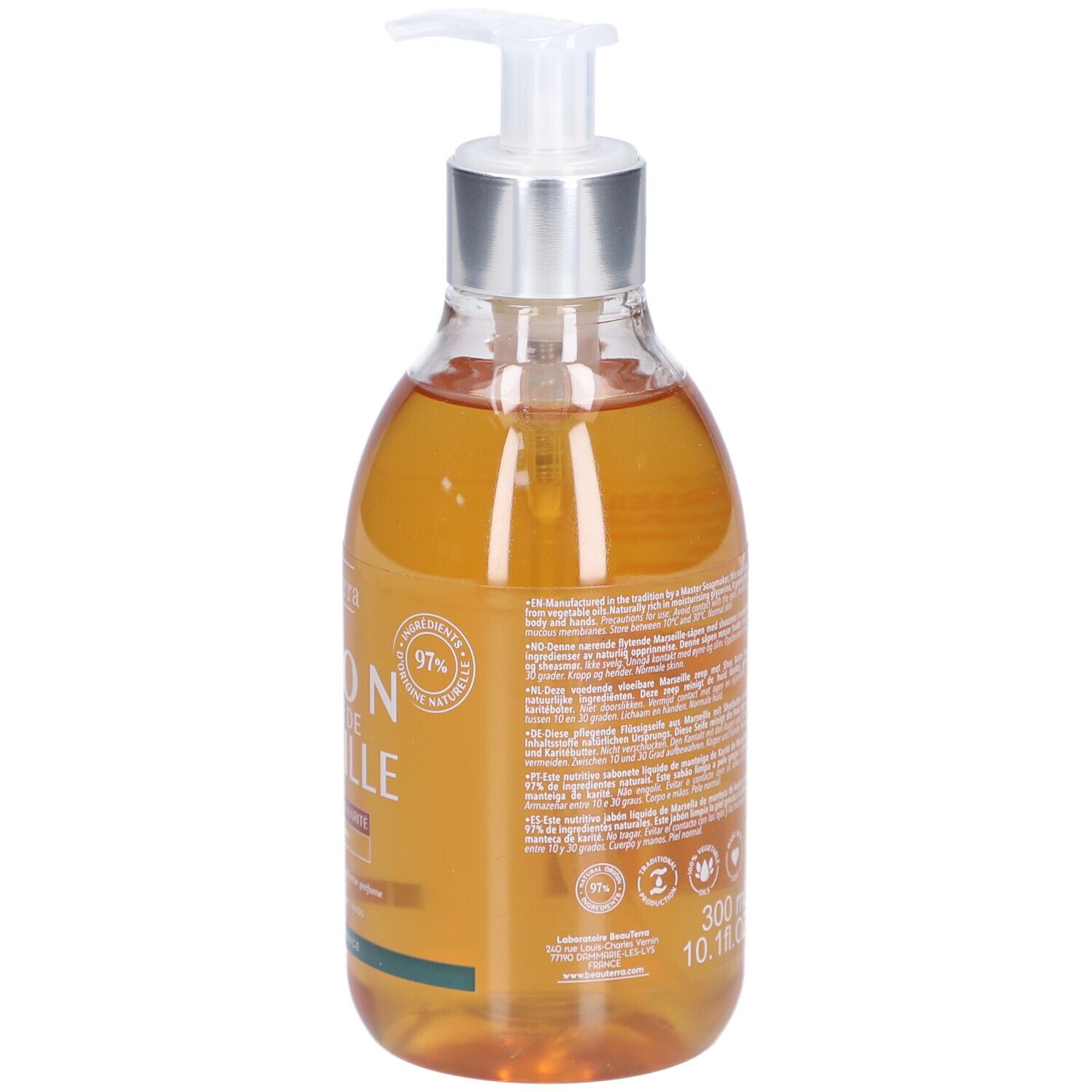Dos d'un flacon de savon liquide. Texte, logos et indication de volume : 300 ml / 10.1 fl.oz. 97% d'ingrédients d'origine naturelle.