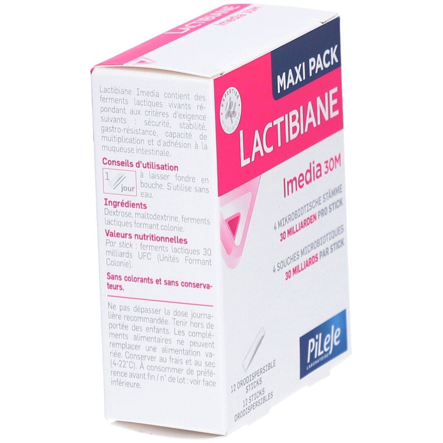Boîte de LACTIBIANE Imedia 30M. Texte et ingrédients sur l'emballage.