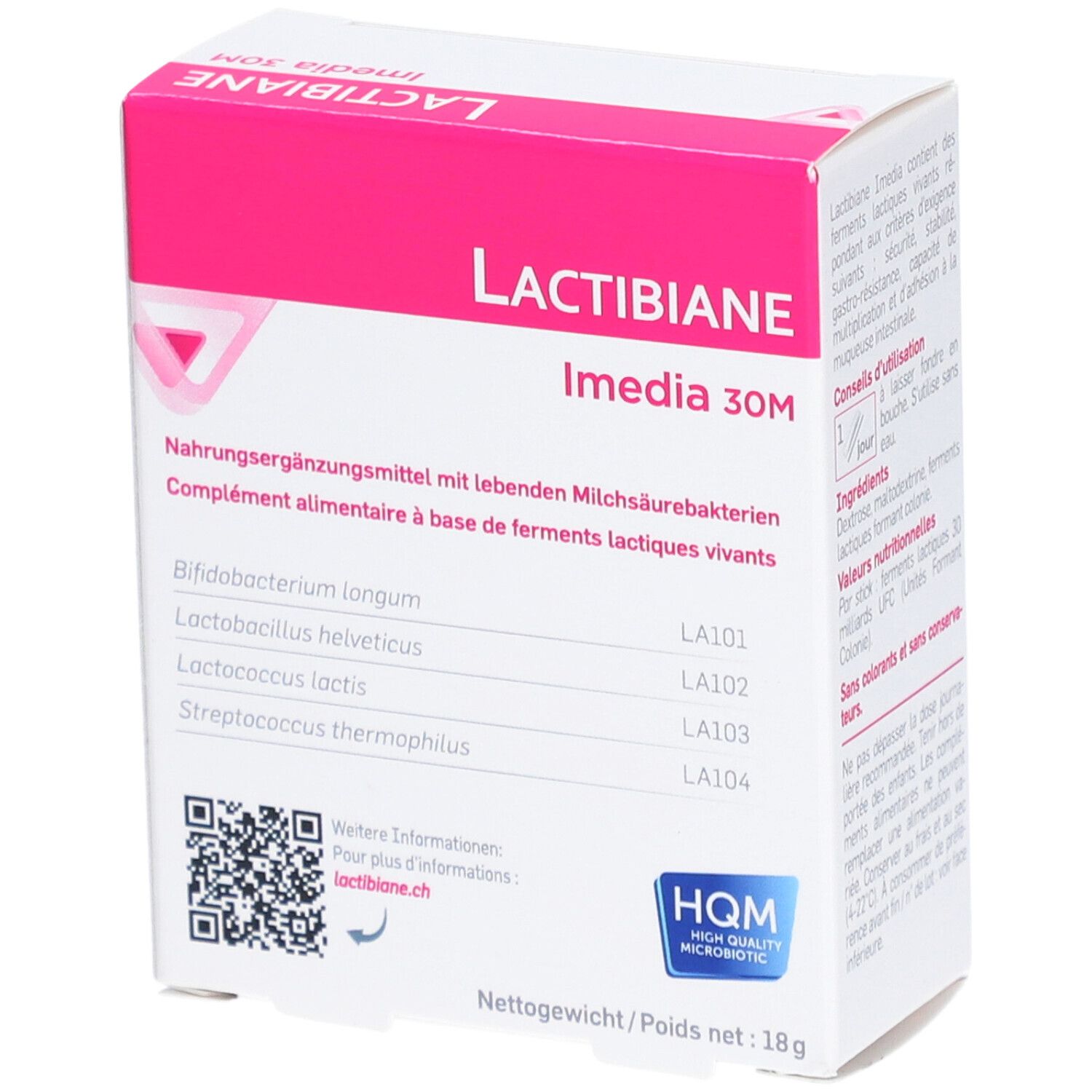 Boîte de LACTIBIANE Imedia 30M. Contient des bactéries lactiques vivantes. Logo HQM.