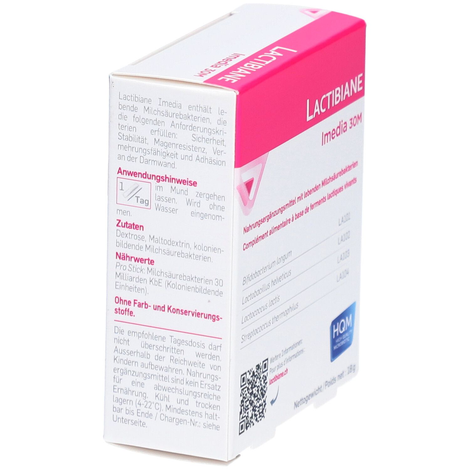 Boîte de LACTIBIANE Imedia 30M. Texte et ingrédients sur l'emballage.