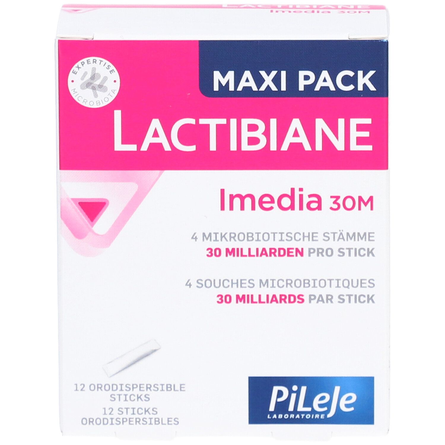 Boîte de LACTIBIANE Imedia 30M. Maxi Pack. Contient 12 sticks. Logo Pileje.