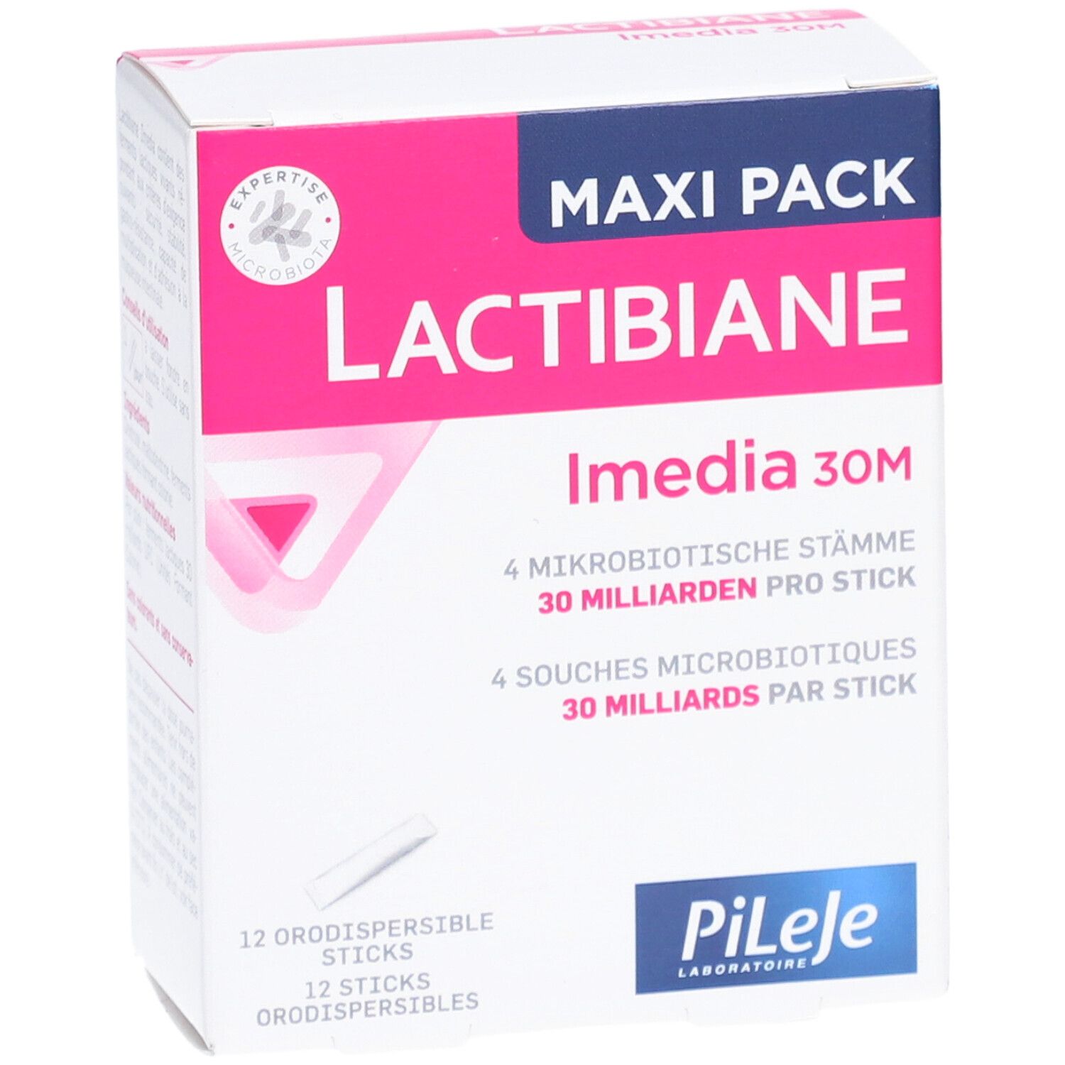 Boîte de LACTIBIANE Imedia 30M. Maxi Pack. Contient 12 sticks. Logo Pileje.