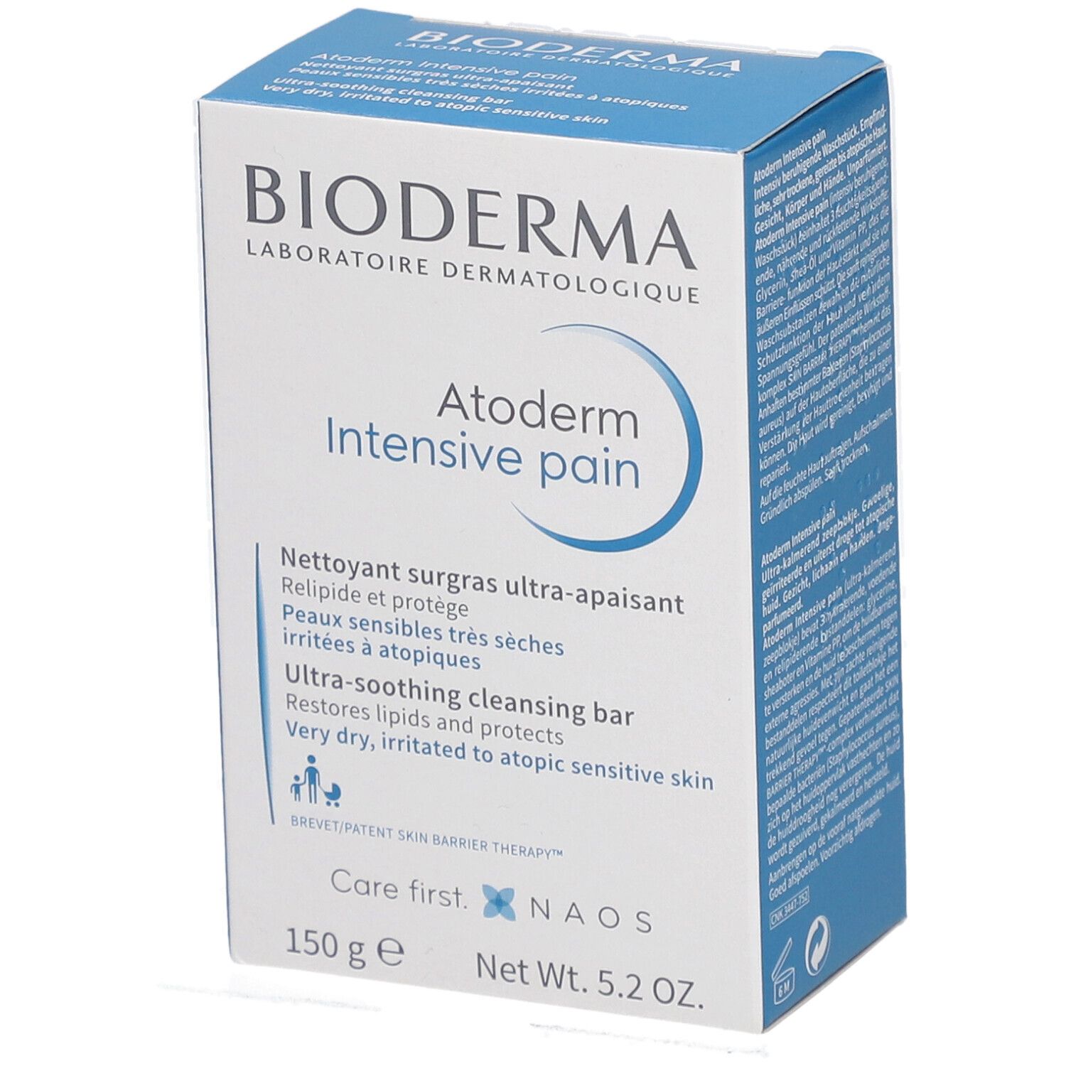 BIODERMA Atoderm Intensive pain. Weiße Verpackung mit blauer Schrift. Enthält 150g. Text in Französisch und Englisch.