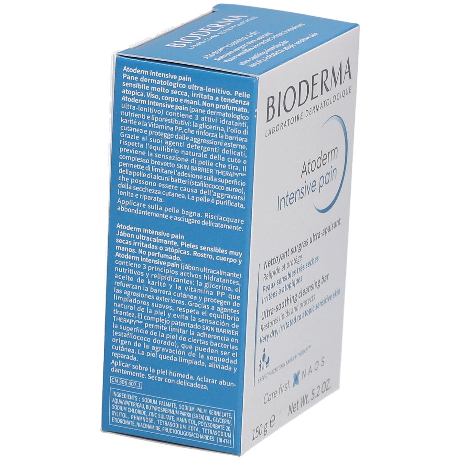 BIODERMA Atoderm Intensive pain Verpackung. Blaue und weiße Schrift. Enthält 150g. Text in mehreren Sprachen.