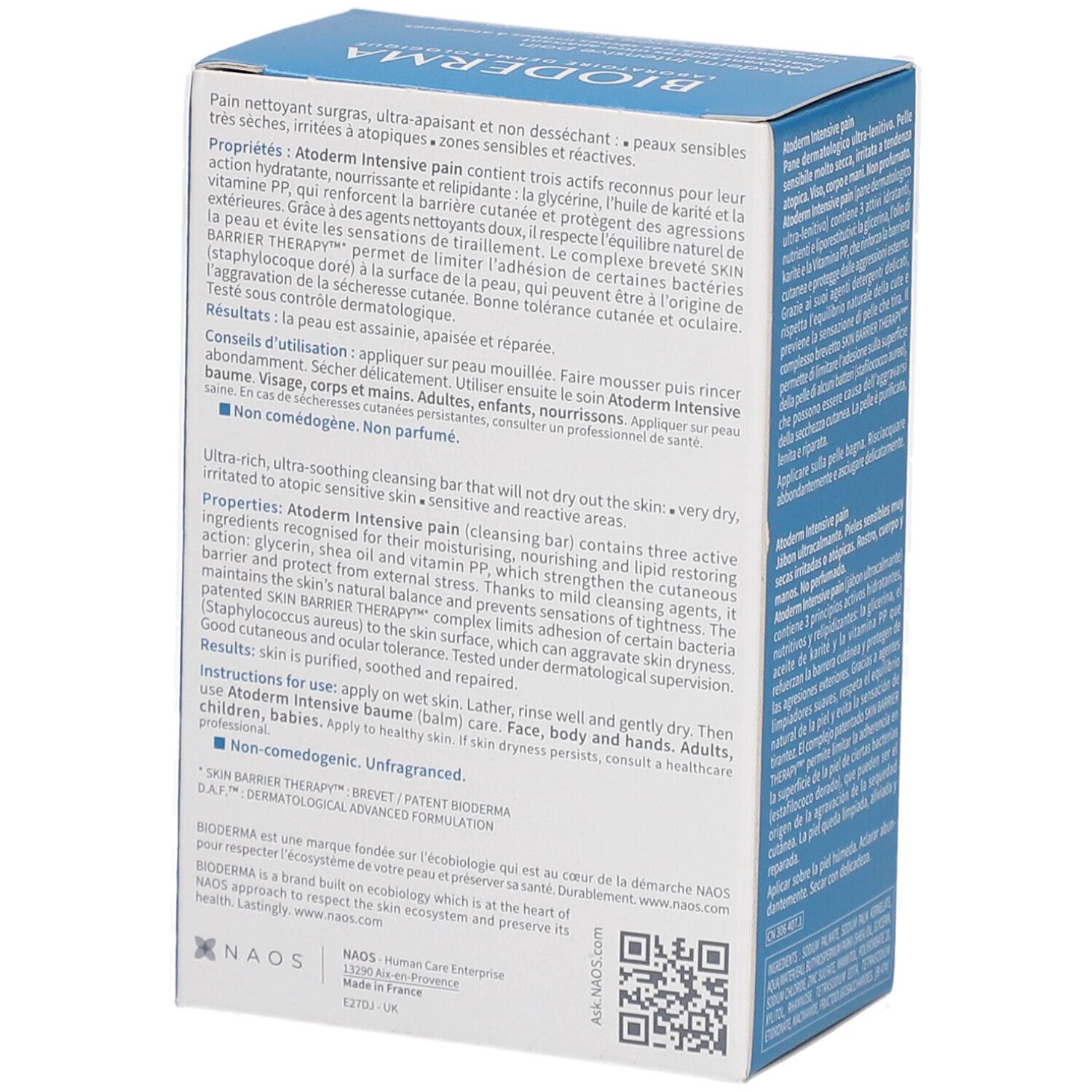 BIODERMA Atoderm Intensive pain Verpackung. Text in mehreren Sprachen. Enthält Informationen zum Produkt.
