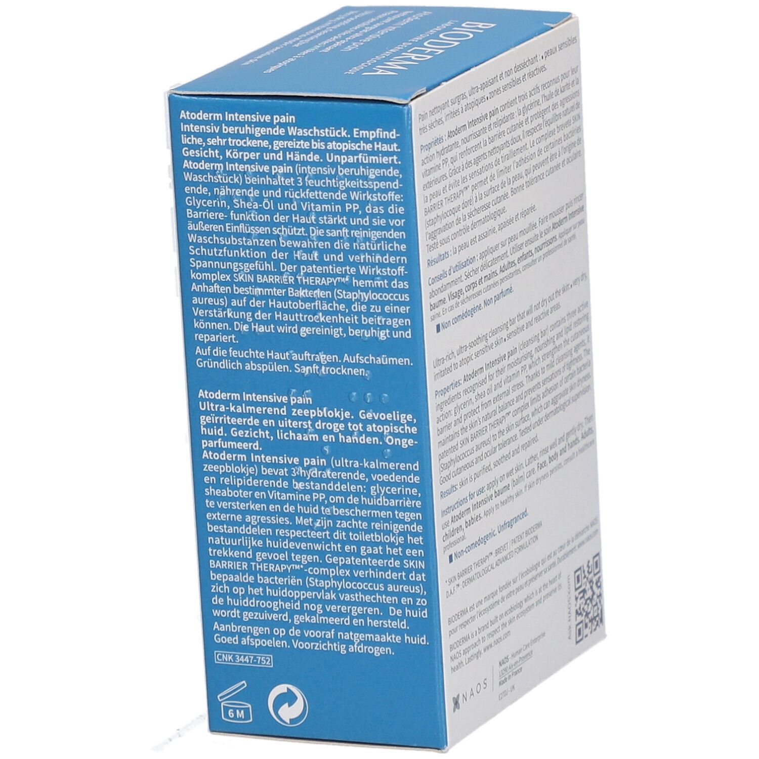BIODERMA Atoderm Intensive pain Verpackung. Text in mehreren Sprachen. Enthält Informationen zum Produkt.