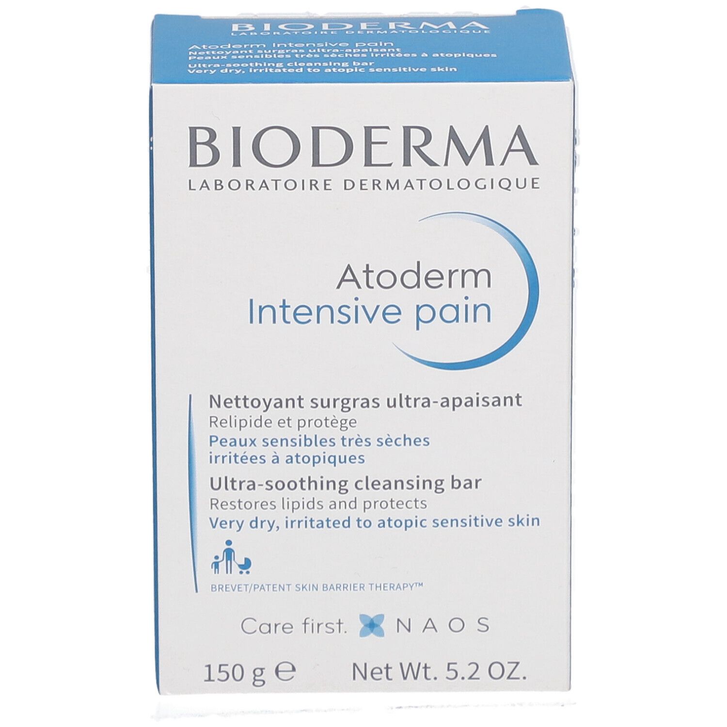 BIODERMA Atoderm Intensive pain. Weiße Verpackung mit blauer Schrift. Enthält 150g. Text in Französisch und Englisch.
