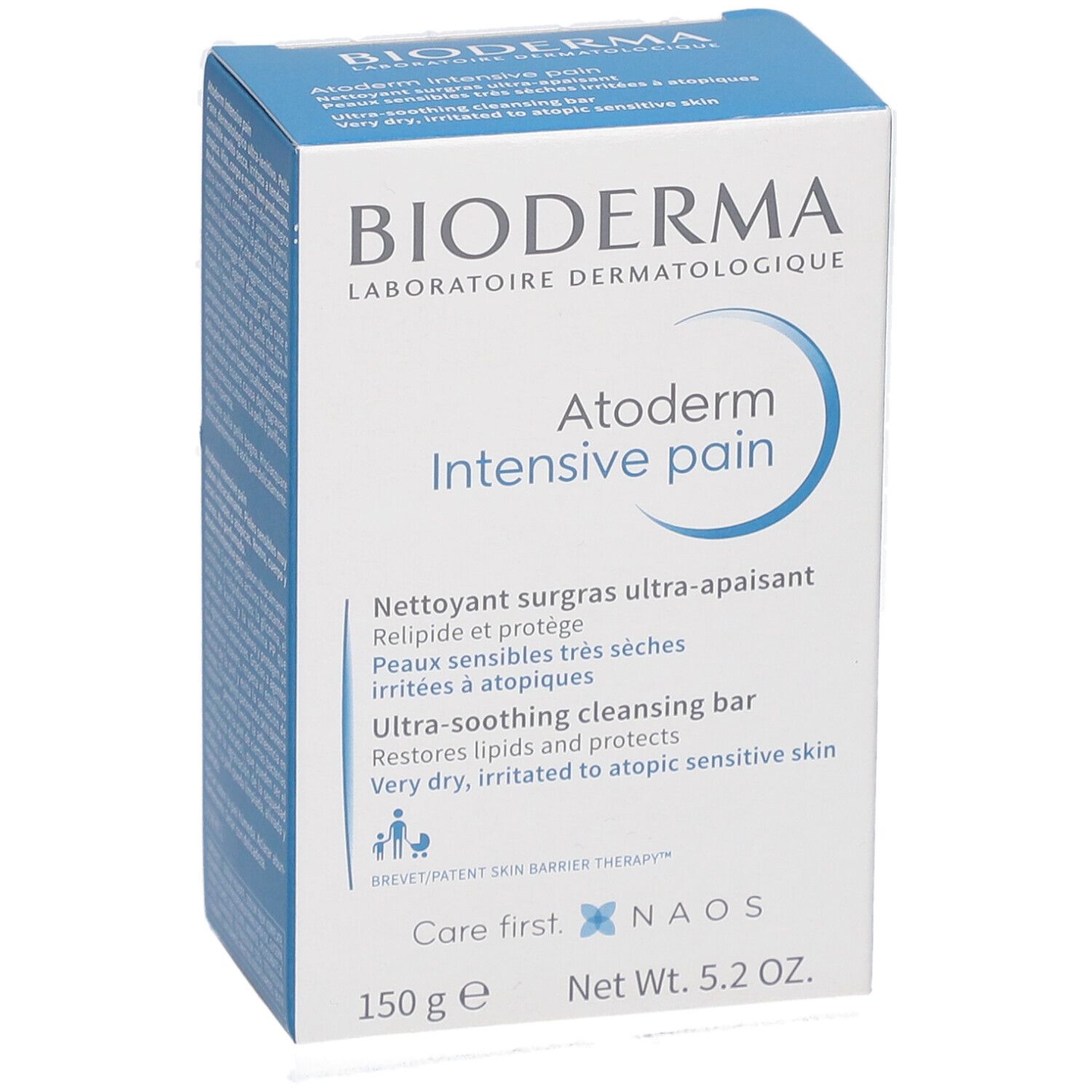 BIODERMA Atoderm Intensive pain. Weiße Verpackung mit blauer Schrift. Enthält 150g. Text in Französisch und Englisch.