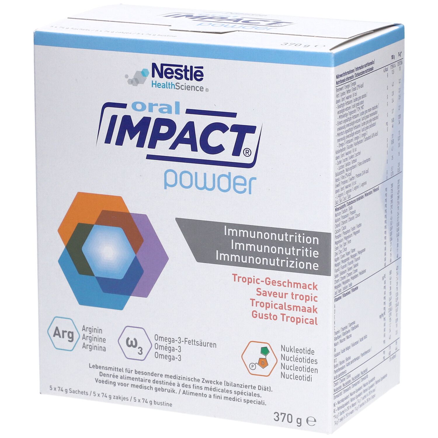 Boîte de poudre NESTLE Oral Impact®. Inscription: Immunonutrition, Saveur tropic, 370g. Logo: Nestle HealthScience.