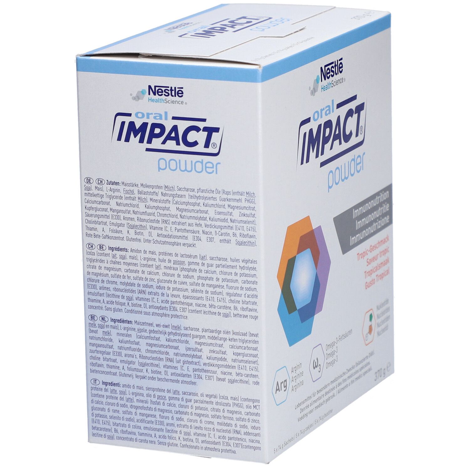 Boîte de poudre NESTLE Oral Impact®. Inscription: Immunonutrition, Saveur tropic. Dos avec ingrédients et valeurs nutritionnelles.